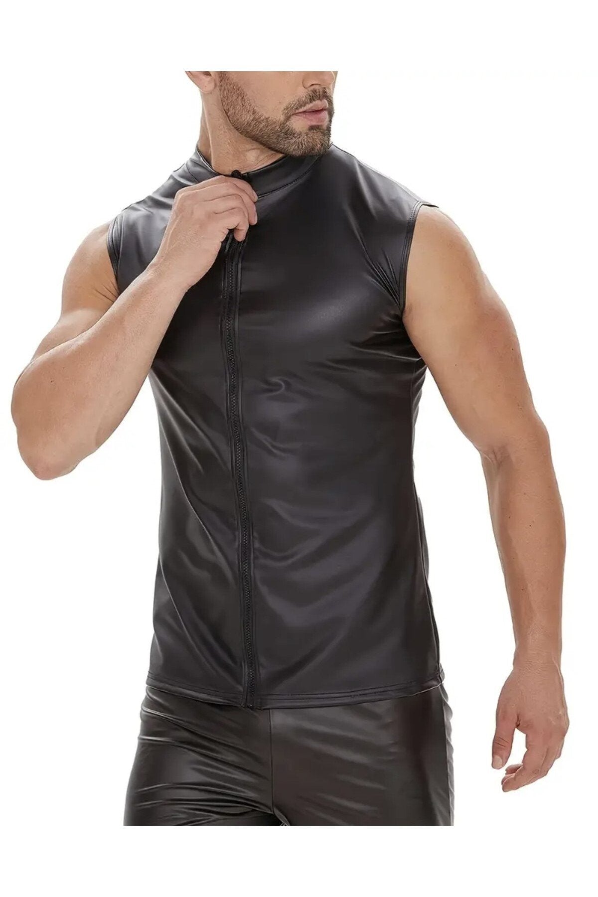 Deri Dik Yaka Sıfır kollu yelek