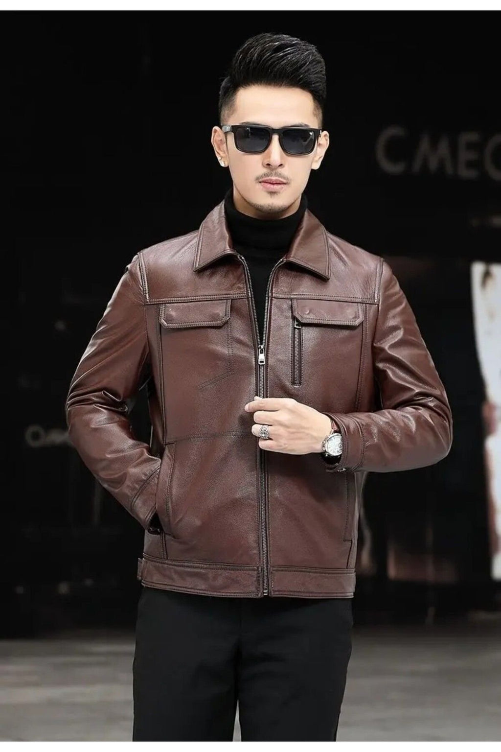 Hakiki deri ceket tarzı mont gömlek yaka