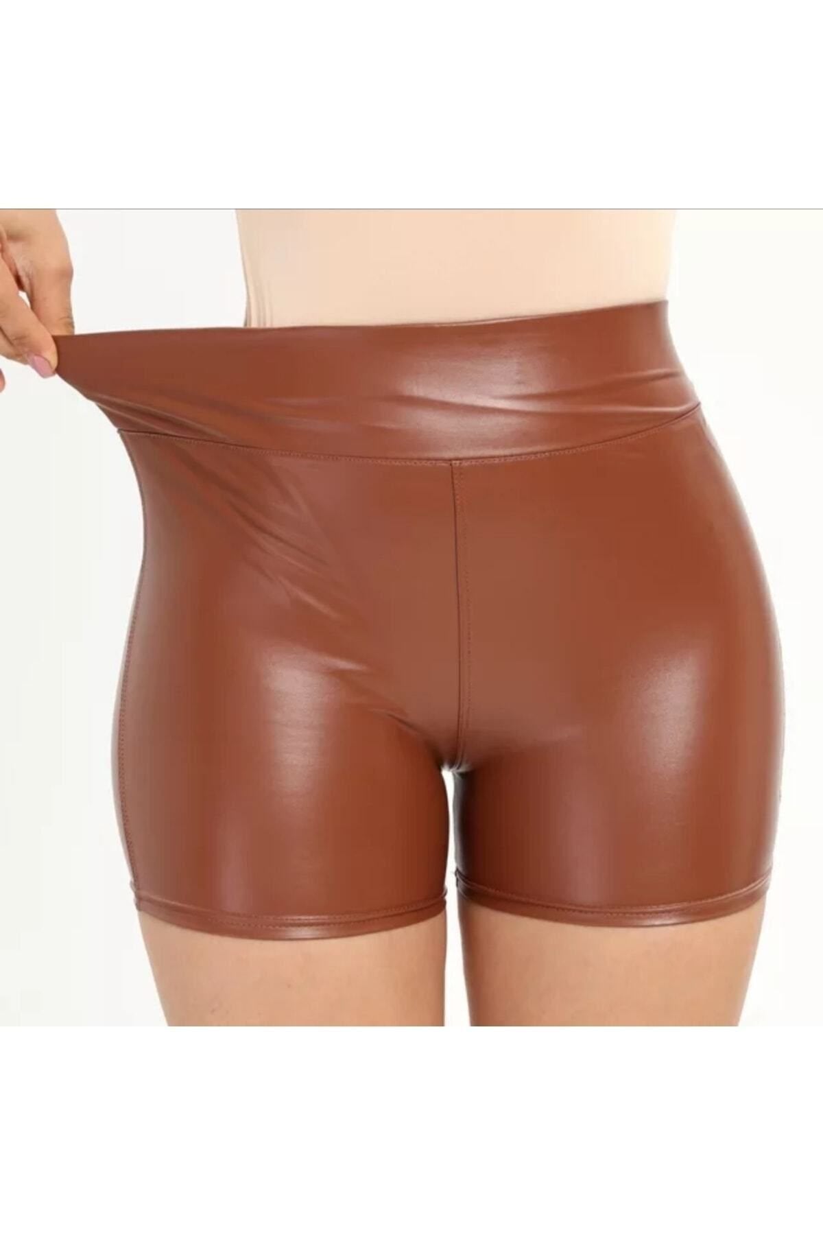 Deri Kısa Şort Yüksek Bel Koyu Kahve