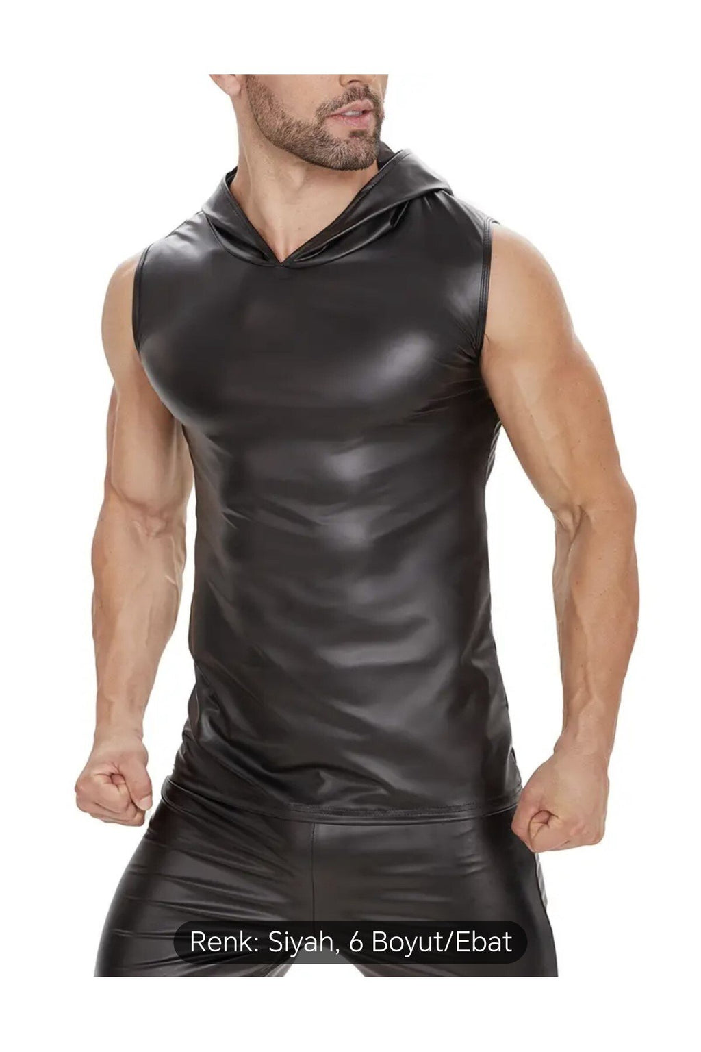 Deri Tişört Kapüşonlu Sıfır Kol Dar Kesim