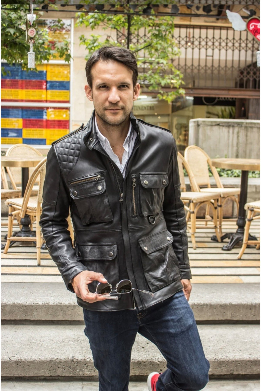 Uzun askeri tarzı ultra hakim yaka ve cep detaylı koyun derisi mont