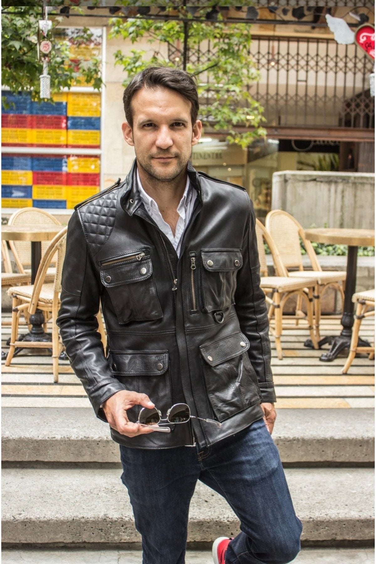 Uzun askeri tarzı ultra hakim yaka ve cep detaylı koyun derisi mont