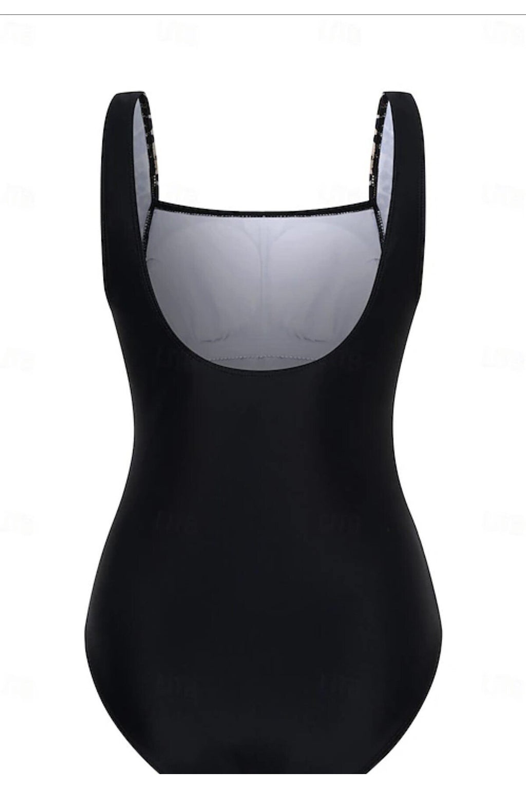 Kare yaka yanları leopar desenli siyah Kadın Mayo