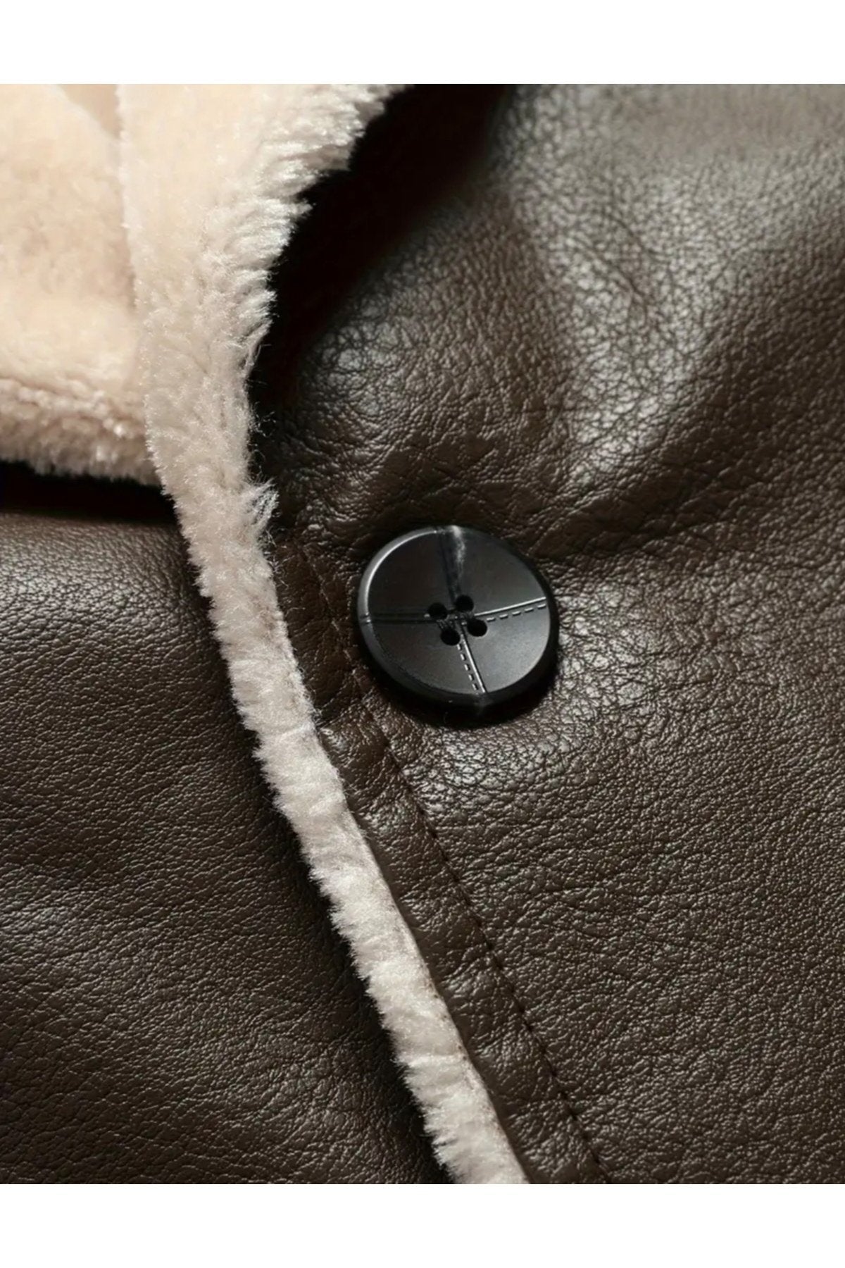 Omuzları Dikiş Detaylı Hakiki Deri, Kürklü ,Uzun Kaban