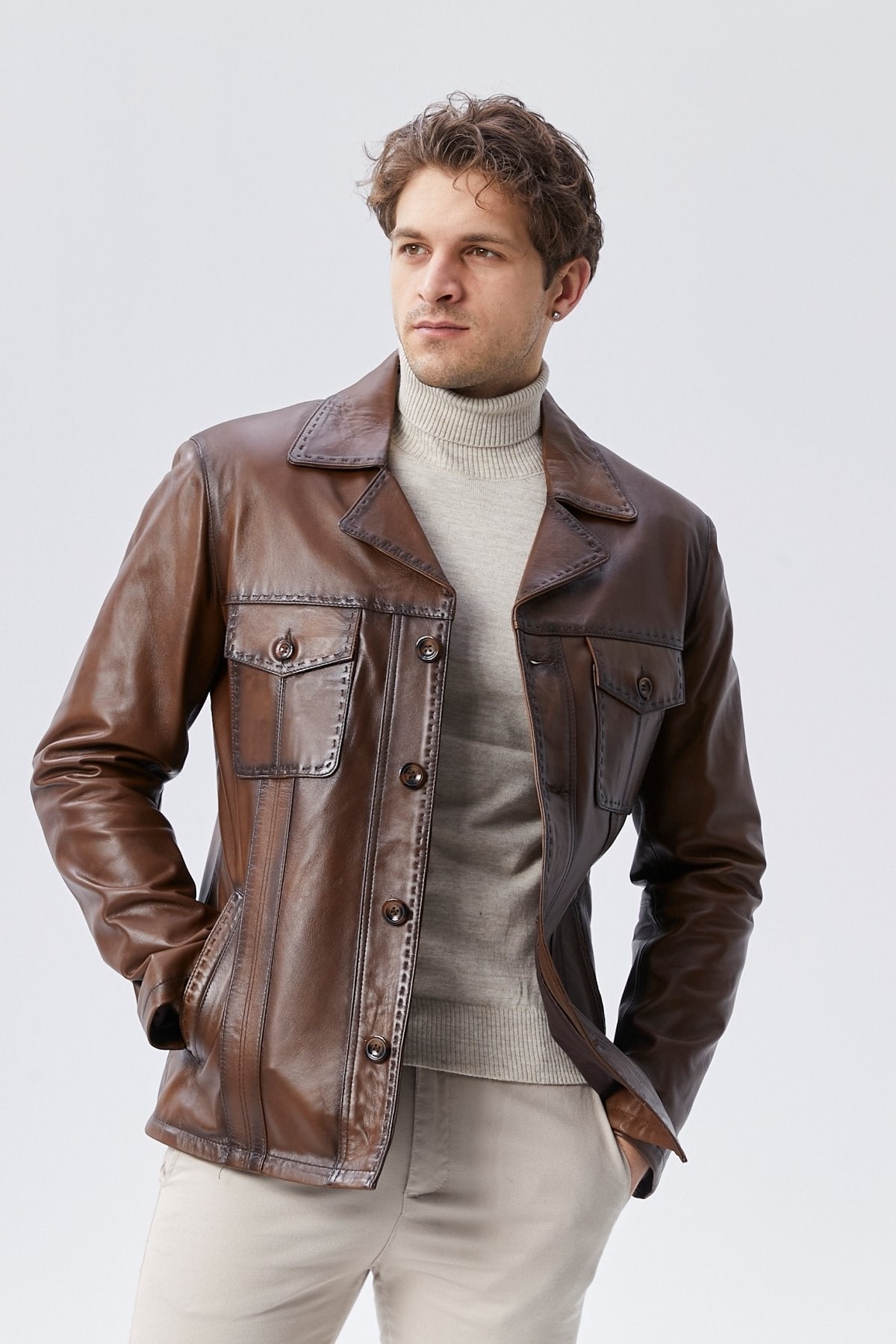 Hakiki Deri Ceket Karartmalı Taba Renk