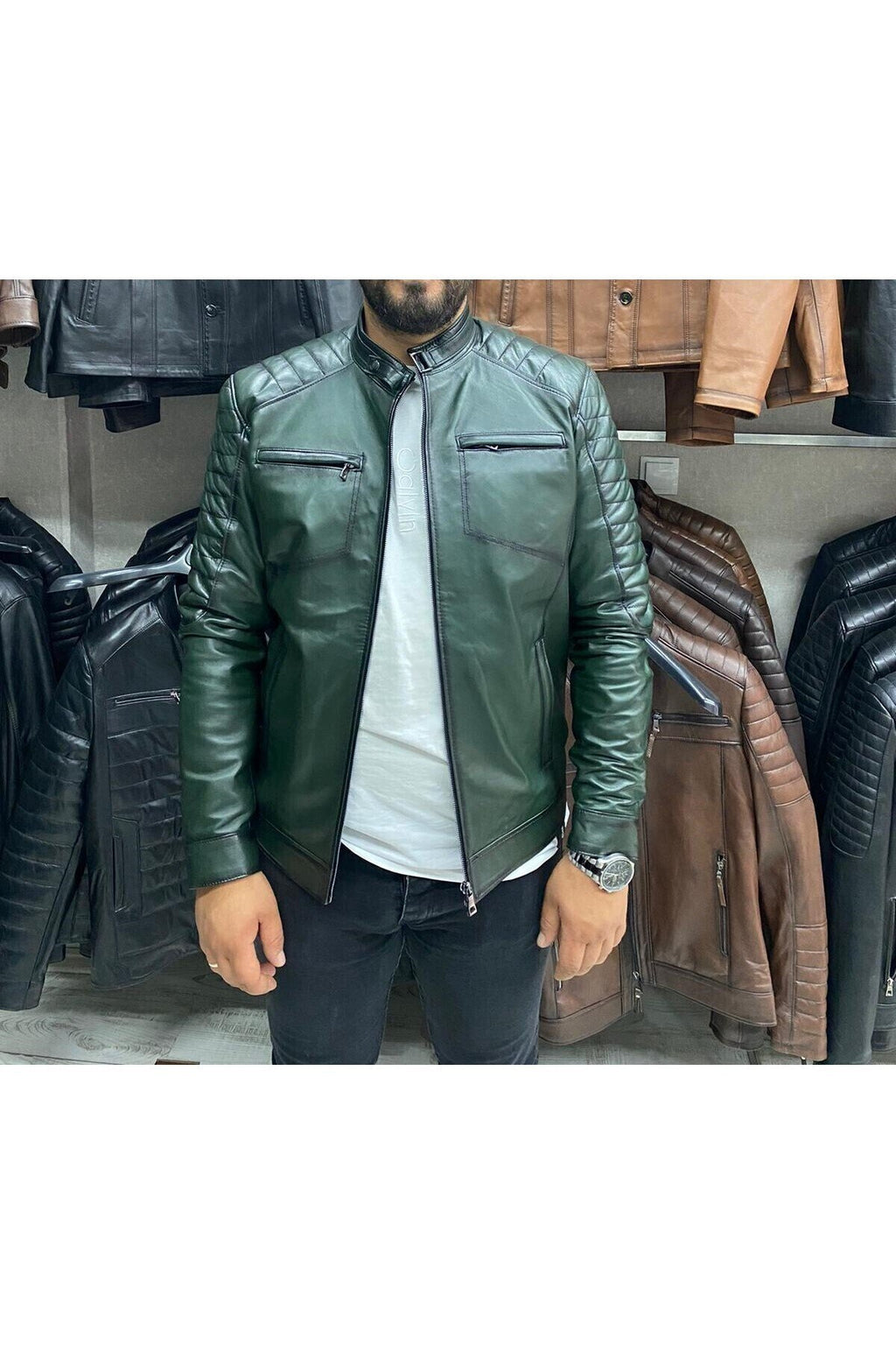 Yeşil Karartmalı Hakiki Deri Spor Mont Ceket Slim Fit