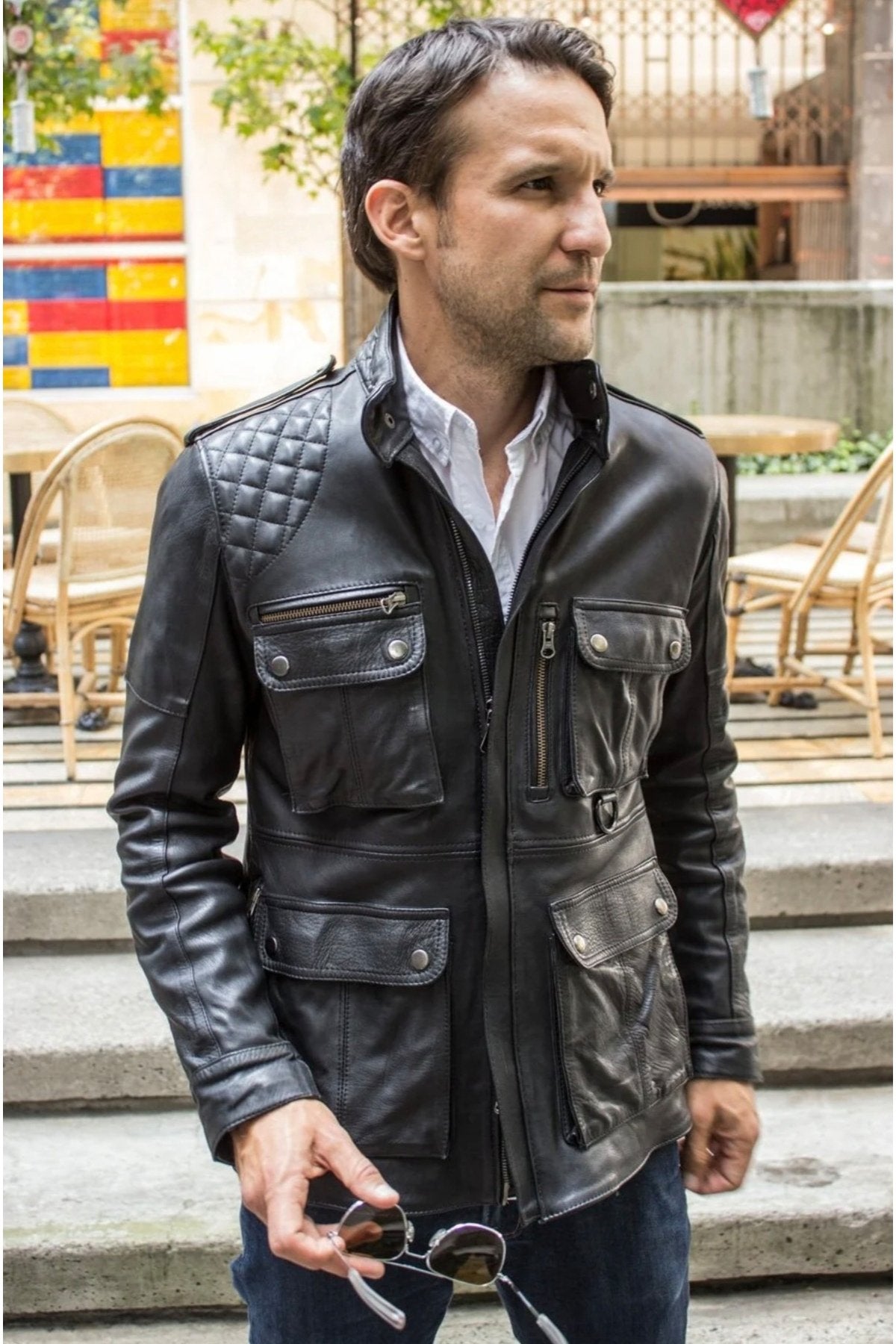 Uzun askeri tarzı ultra hakim yaka ve cep detaylı koyun derisi mont