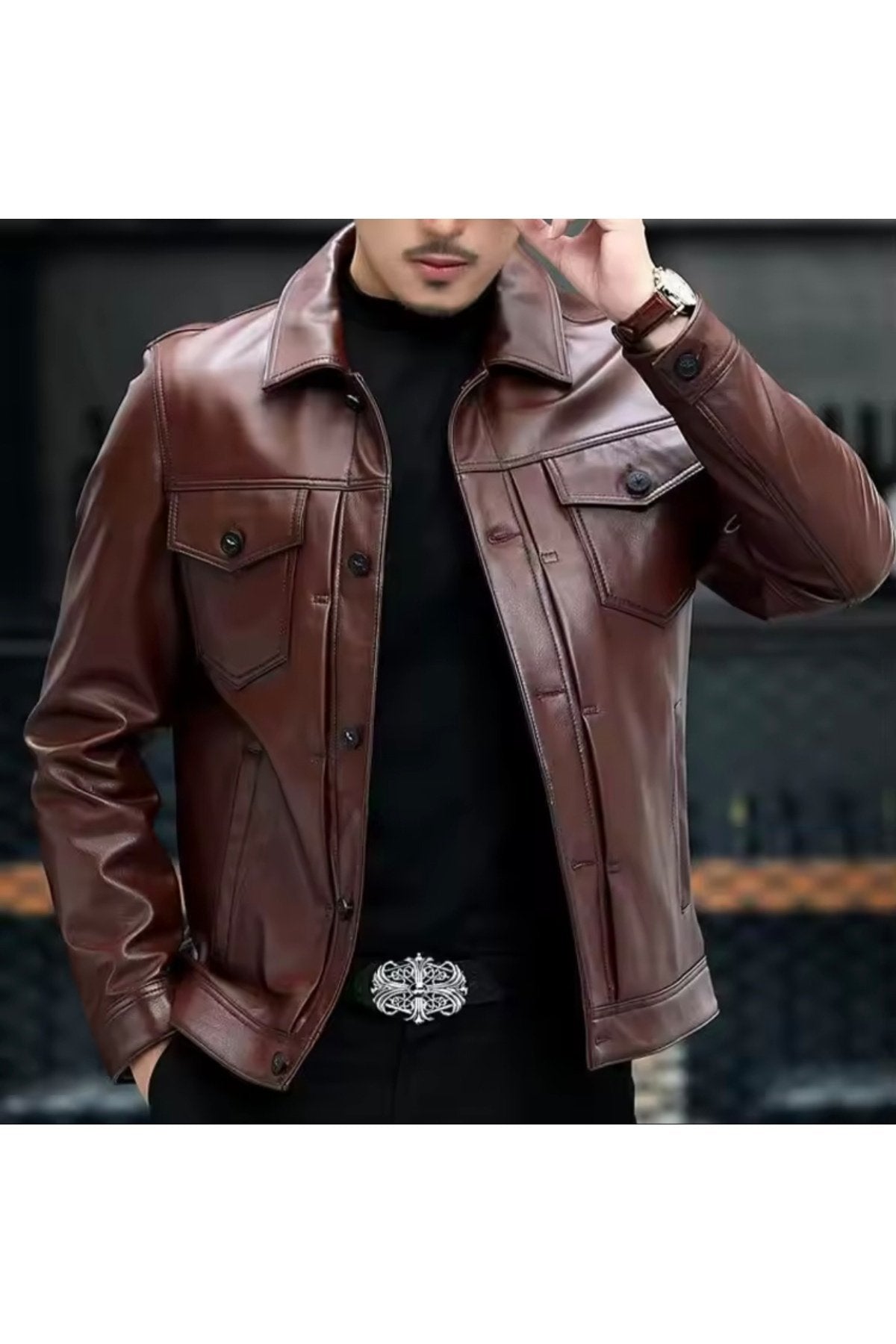 Mevsimlik Ceket Spor Hakiki Deri düğme,gömlek yaka ve dikiş detaylı