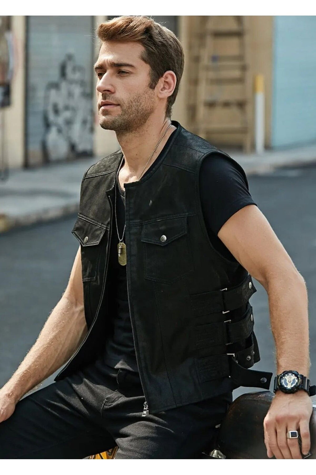 Hakiki Zik Deri Motorcu Yelek