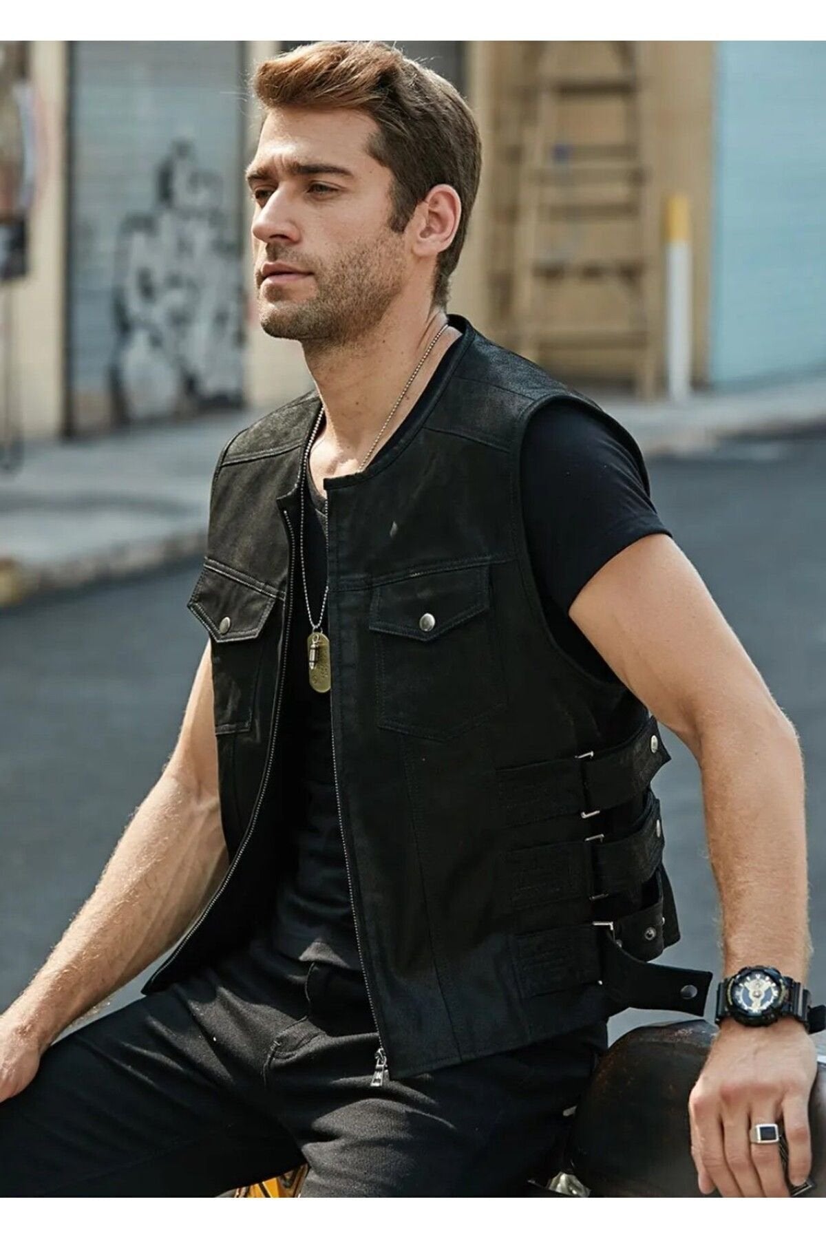 Hakiki Zik Deri Motorcu Yelek