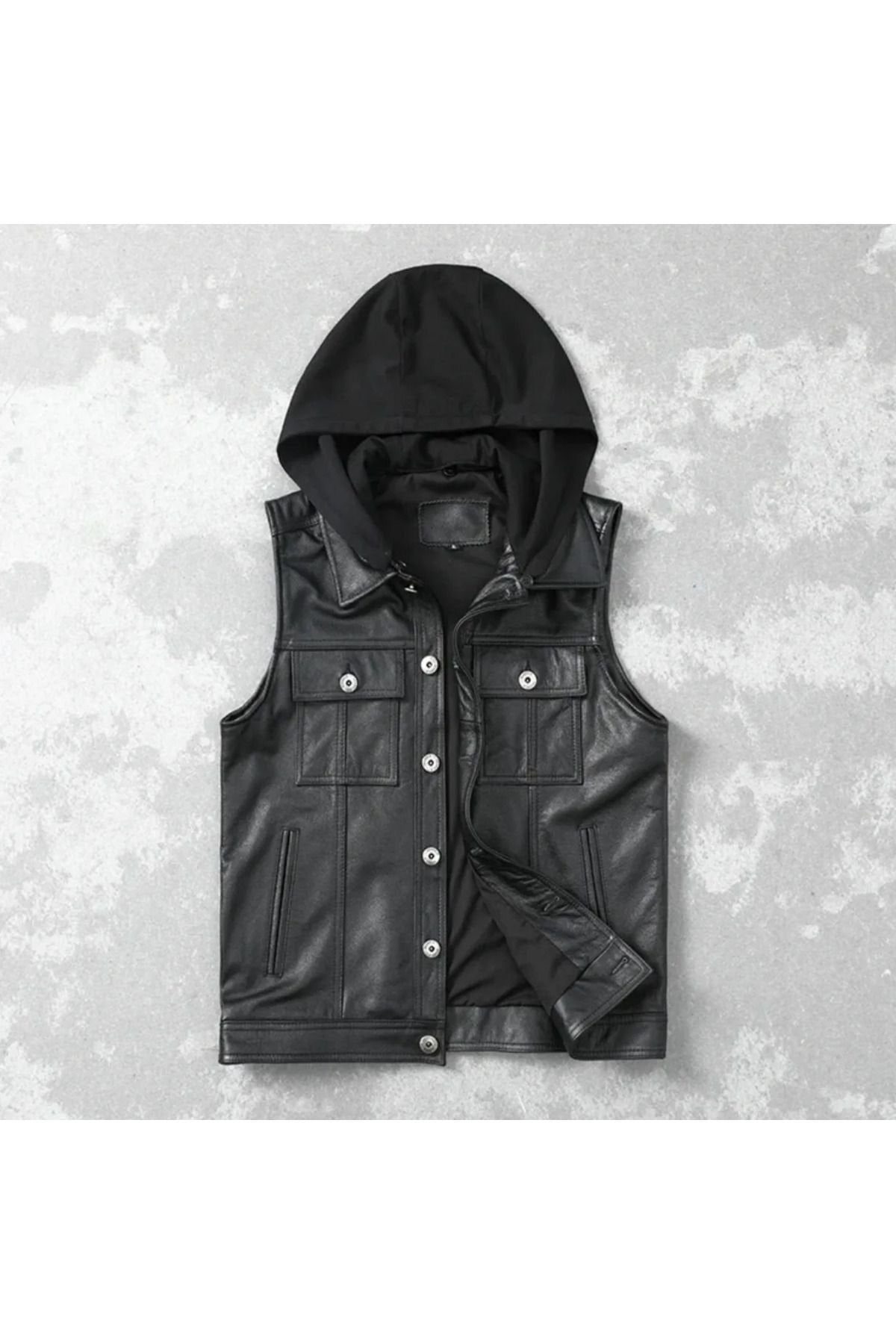 Kapüşonlu hakiki deri yelek