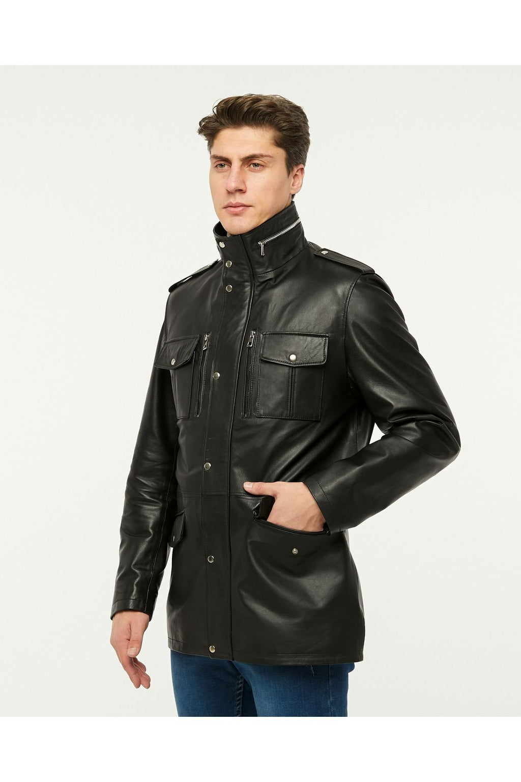 Hakiki deri uzun mont hakim dik yaka siyah renk