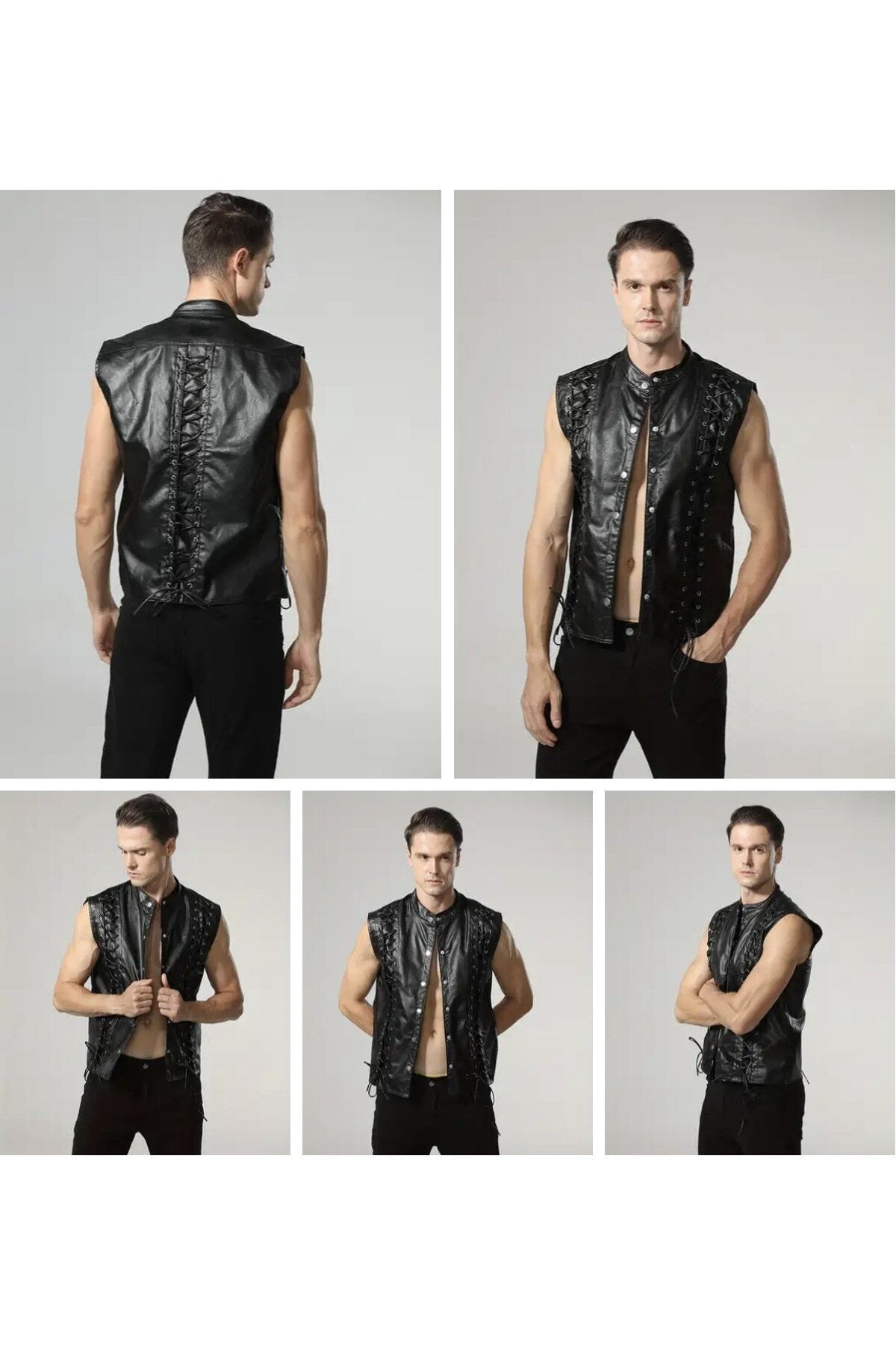 Punk Tarzı Hakiki Deri Yelek ,Deri İp Bağlamalı Silüet ,Dış Kısmı Cepsiz ,İç Kısmı Cepli