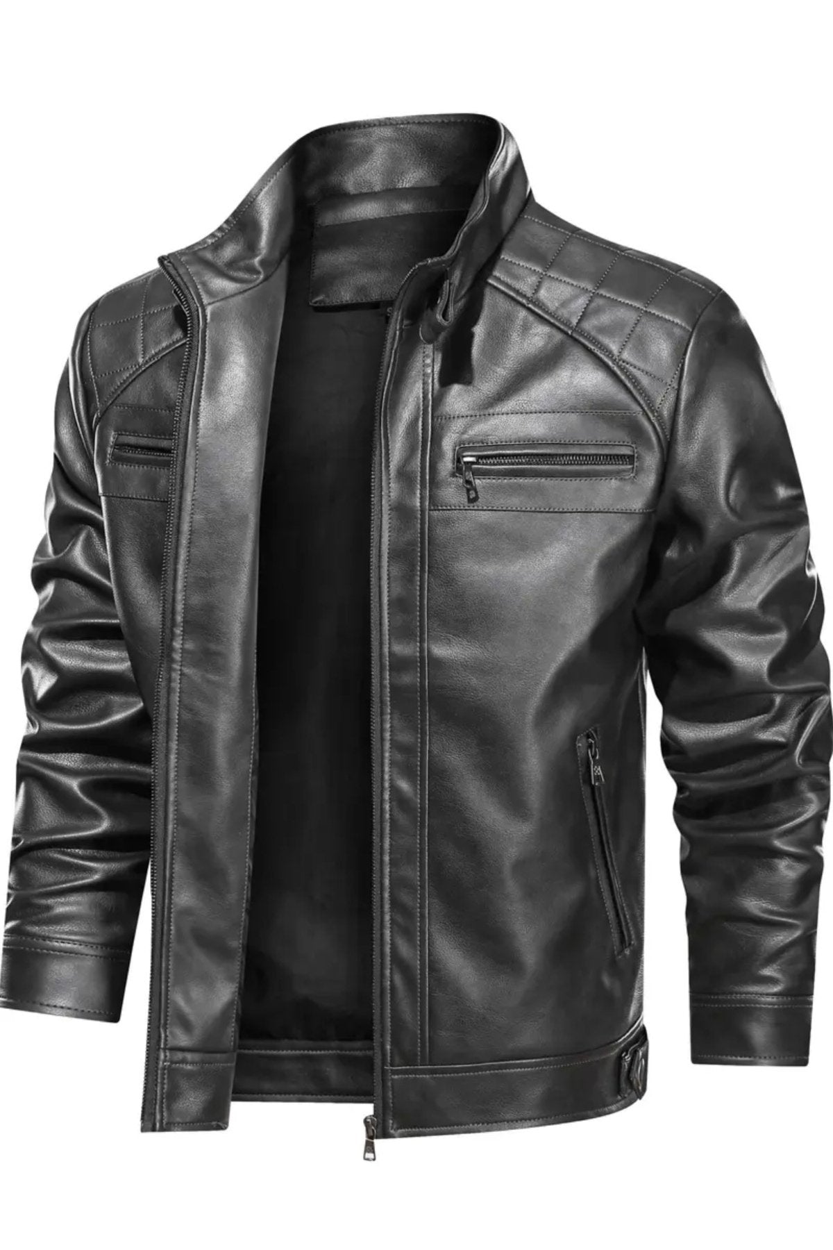 Omuzları Kapitone Dikiş Detaylı Hakim Yaka Hakiki Deri Mont