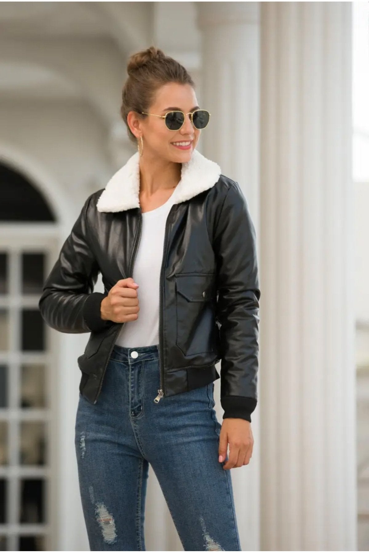 Hakiki Kuzu Derisi Yakası ve İçi Beyaz Kürk Kadın Mont