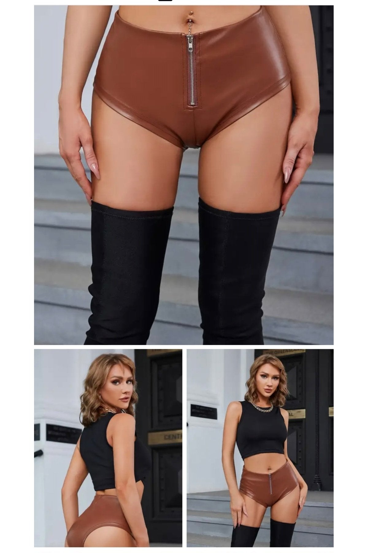 Deri Yarım Pat Fermuarlı Mikro Külot Şort