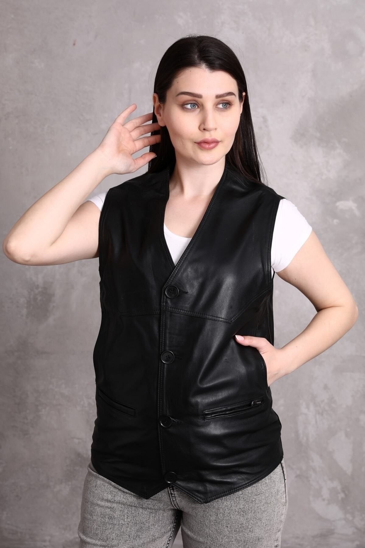 Hakiki Deri Yelek Yandan Cepli Kadın