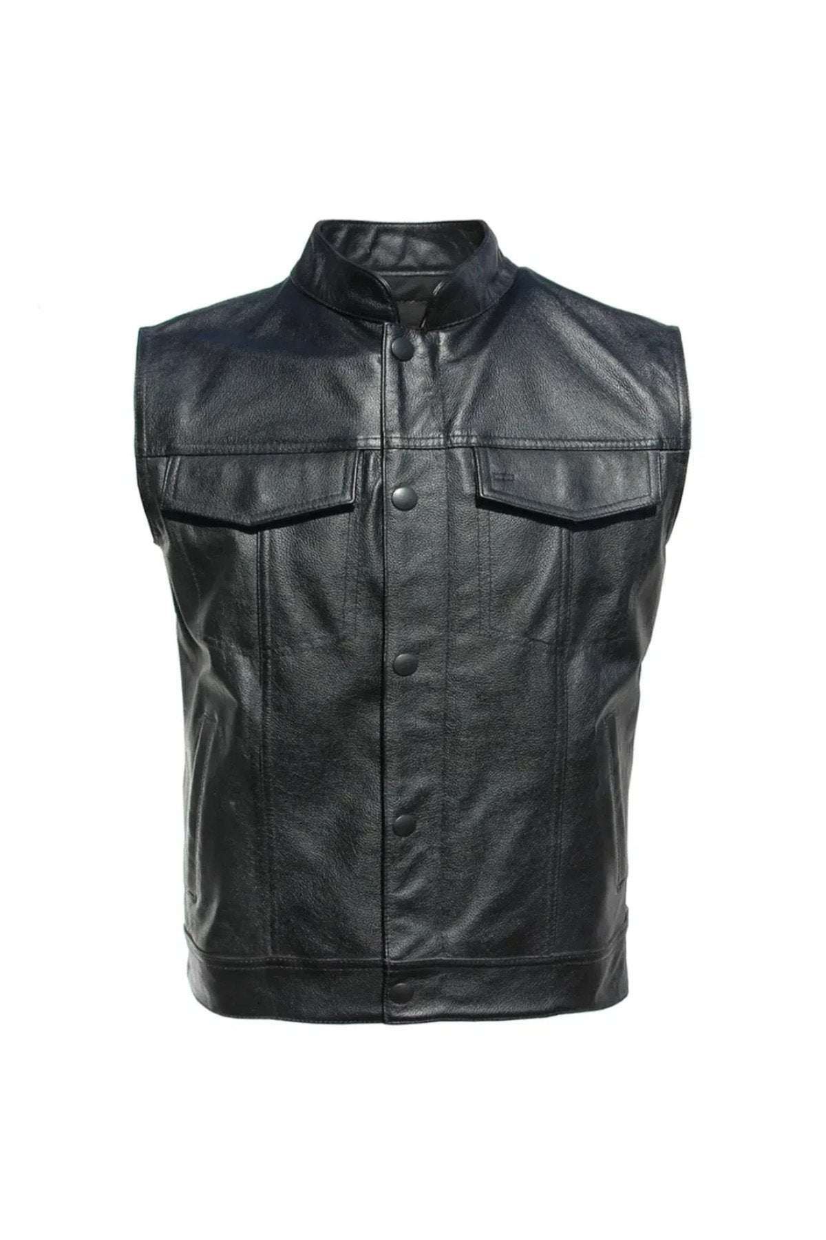 Hakiki deri motorcu tarzı yelek siyah renk cepleri fermuarlı