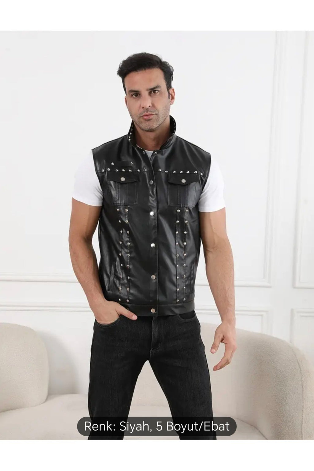Motorcu Cooper Yelek Perçin Çivi Uç Detaylı Hakiki Deri Yelek
