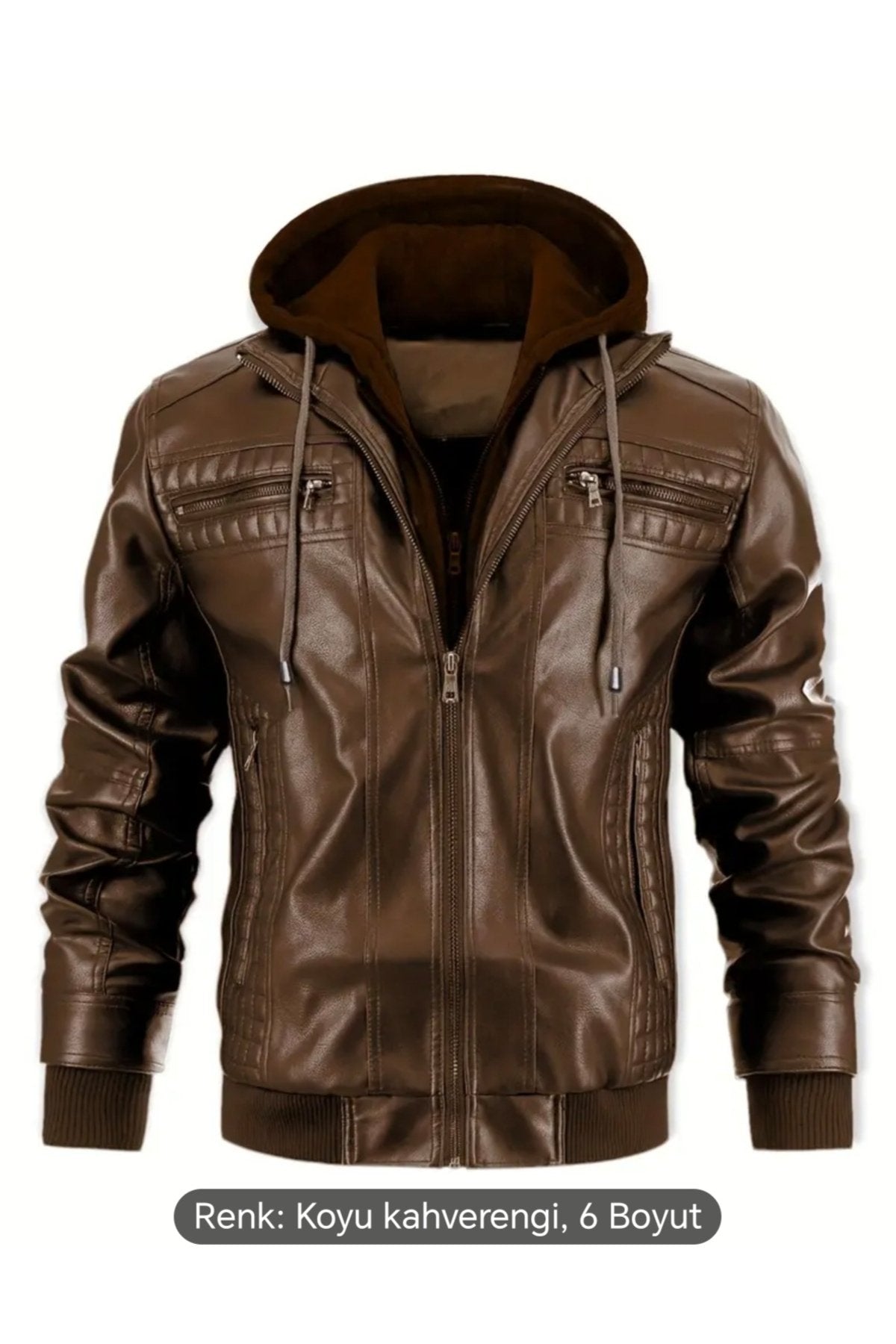 Kapüşonlu hakiki deri dikiş ve ribana detaylı mont
