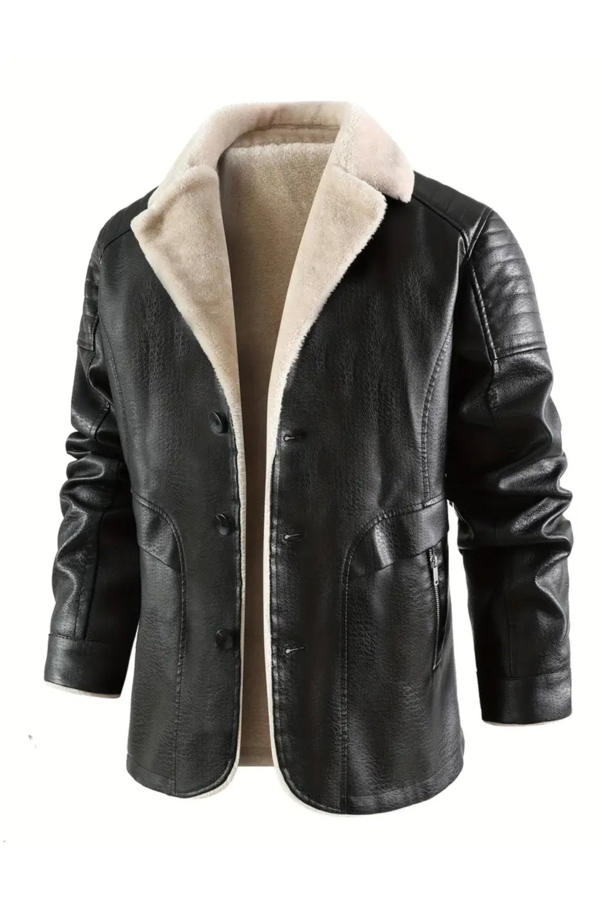 Omuzları Dikiş Detaylı Hakiki Deri, Kürklü ,Uzun Kaban