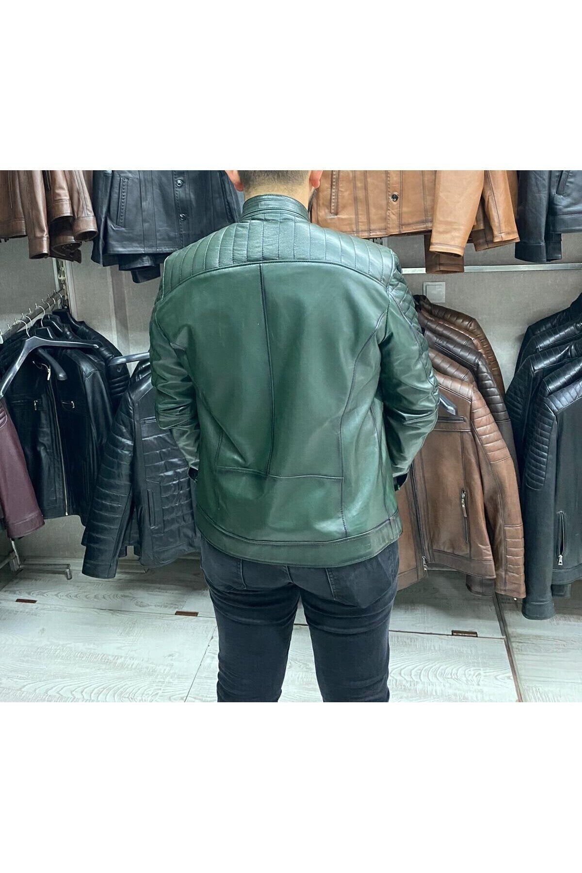 Yeşil Karartmalı Hakiki Deri Spor Mont Ceket Slim Fit