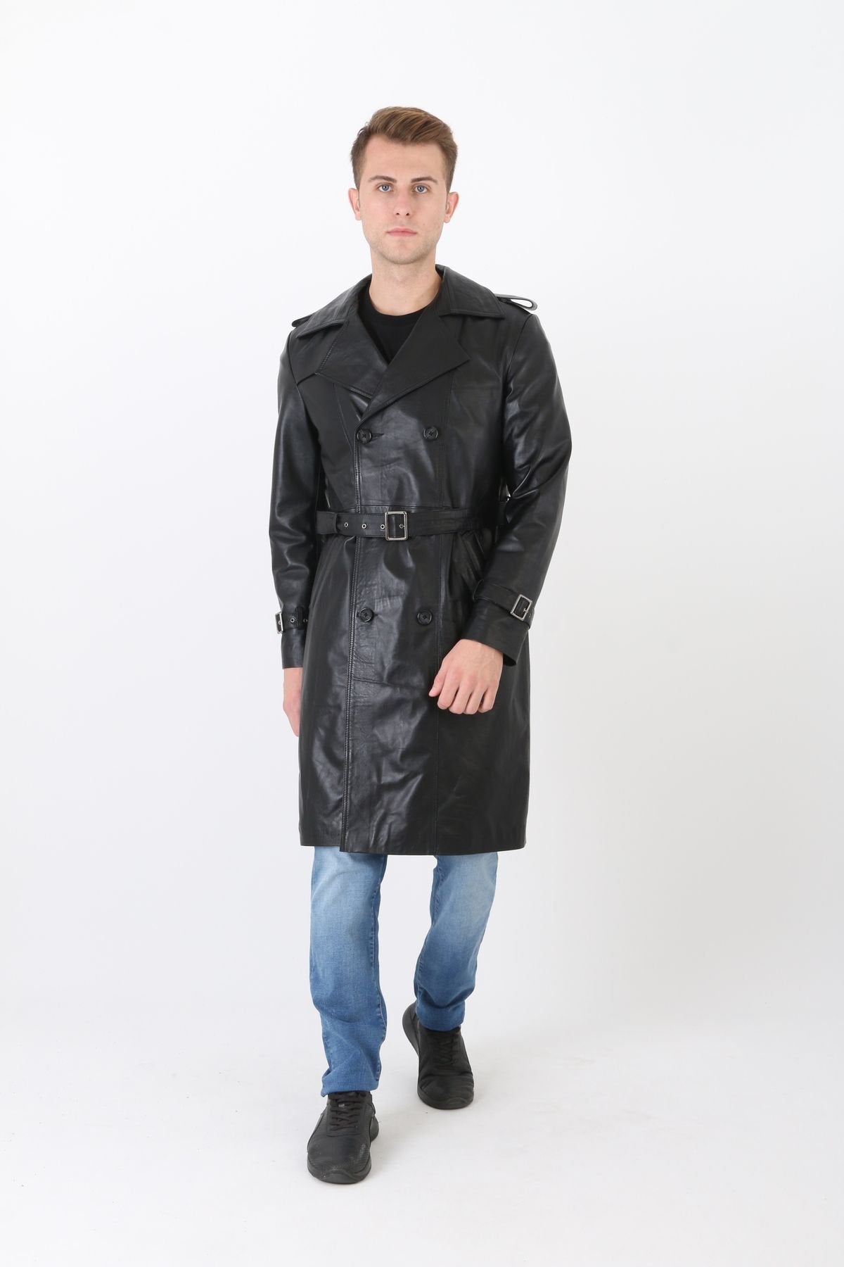 Hakiki deri erkek pardesü siyah renk