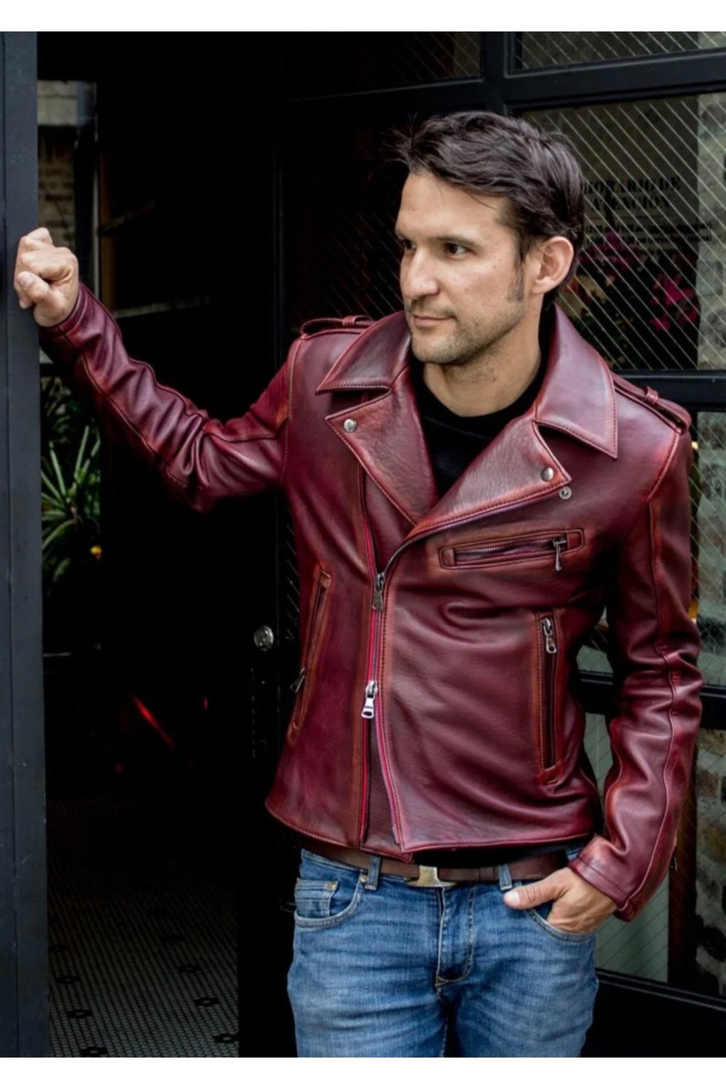 Prof Model Silme Hakiki Koyun Derisi Bordo Renk Biker Mont