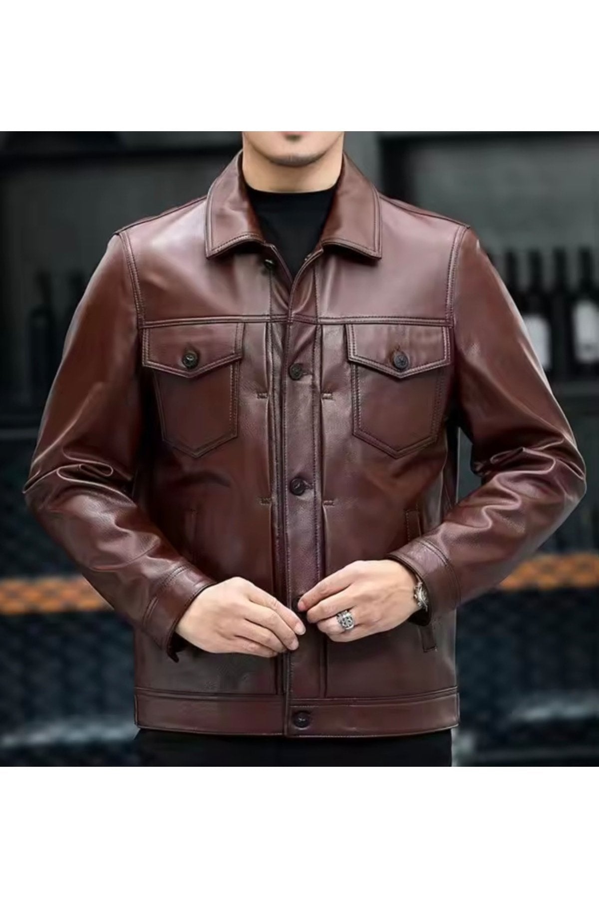 Mevsimlik Ceket Spor Hakiki Deri düğme,gömlek yaka ve dikiş detaylı