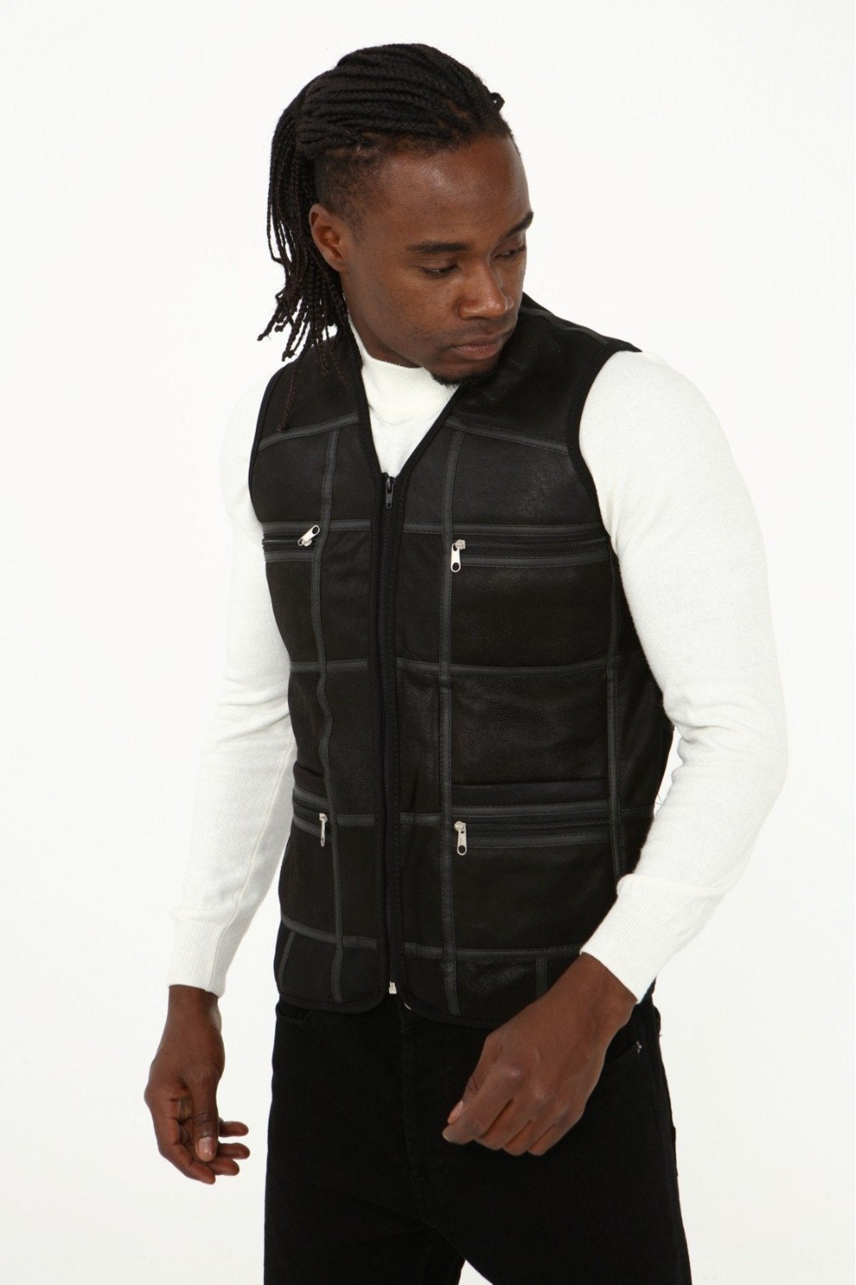 Parçalı Hakiki Deri ve Hakiki Kürk Parçalı yelek