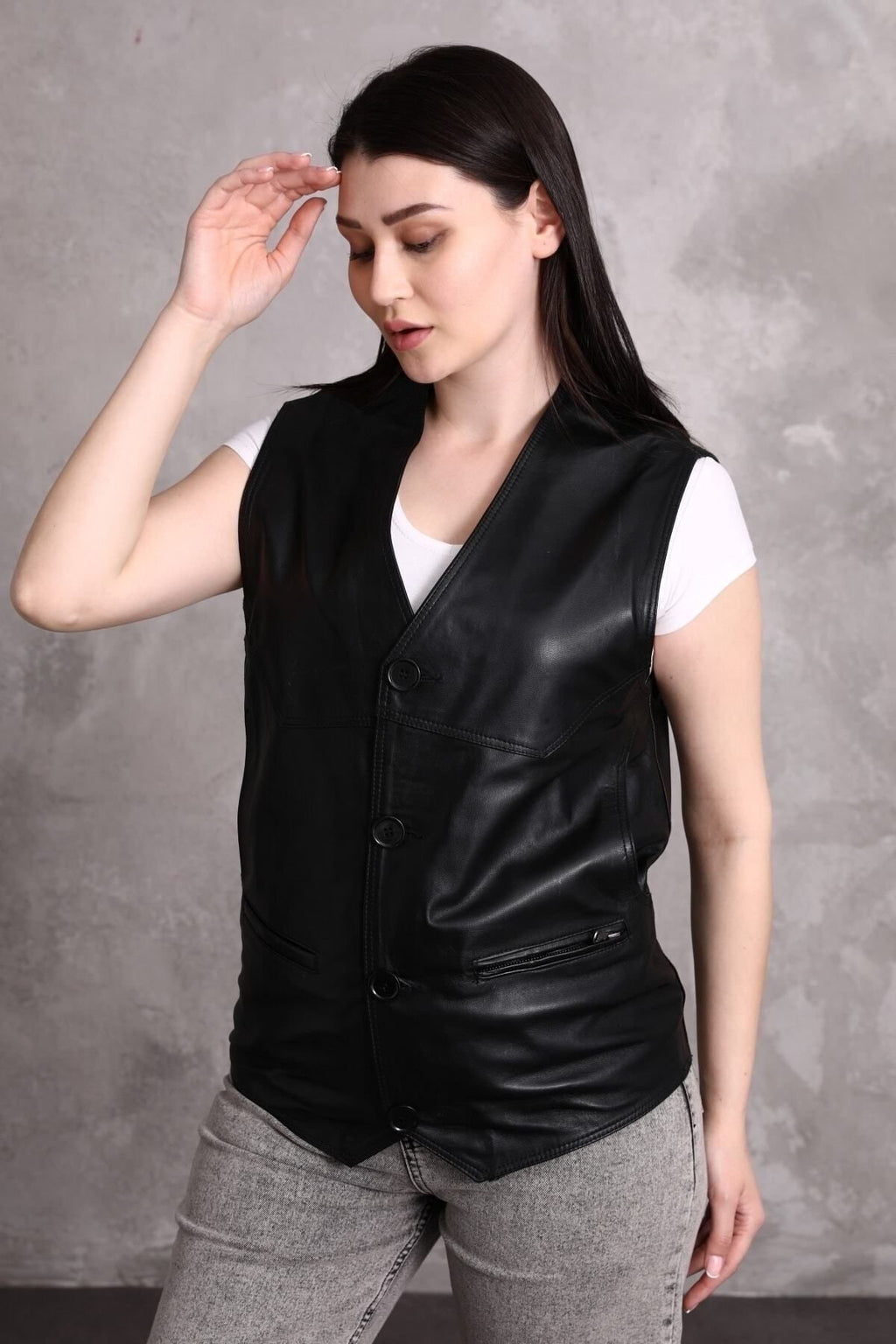 Hakiki Deri Yelek Yandan Cepli Kadın