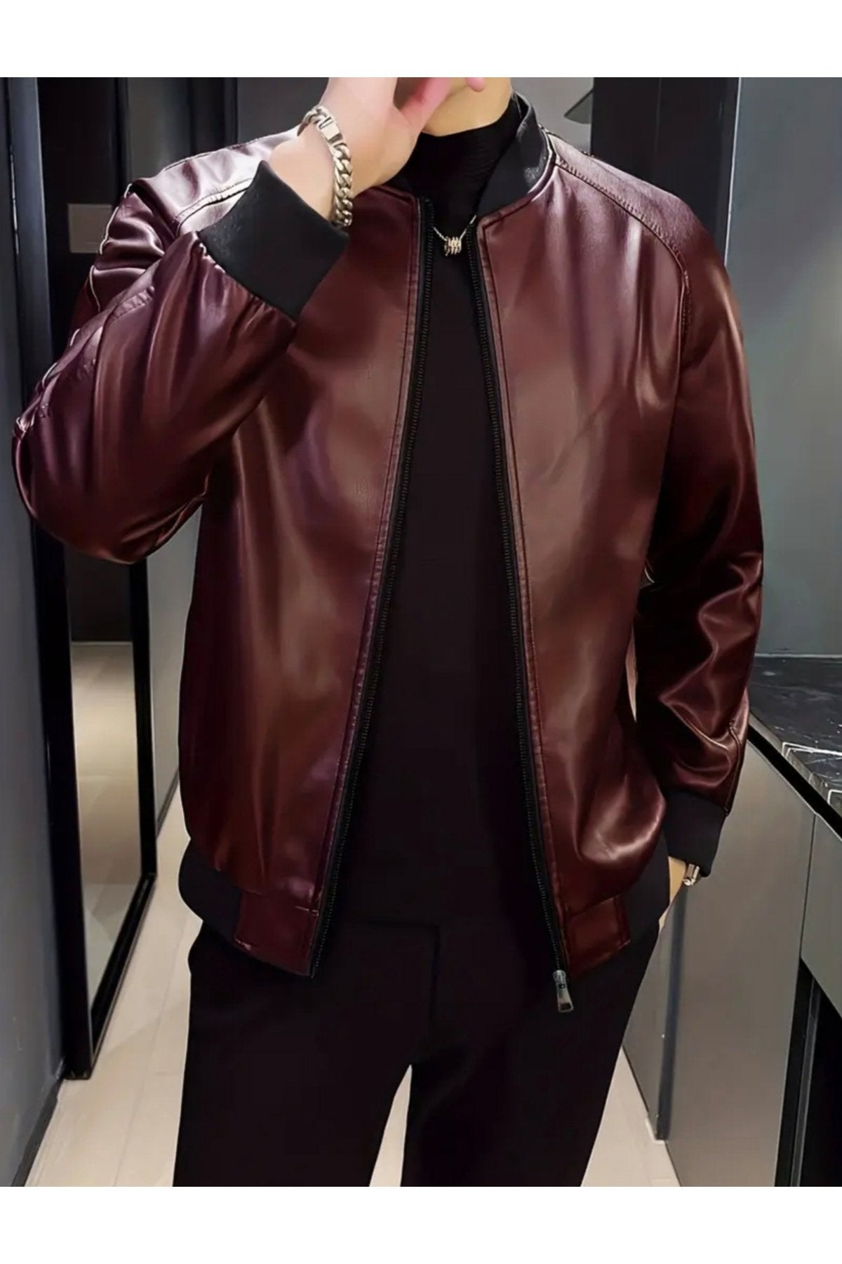 Hakiki Kuzu Derisi Trikolu Spor Ceket Bisiklet Yaka