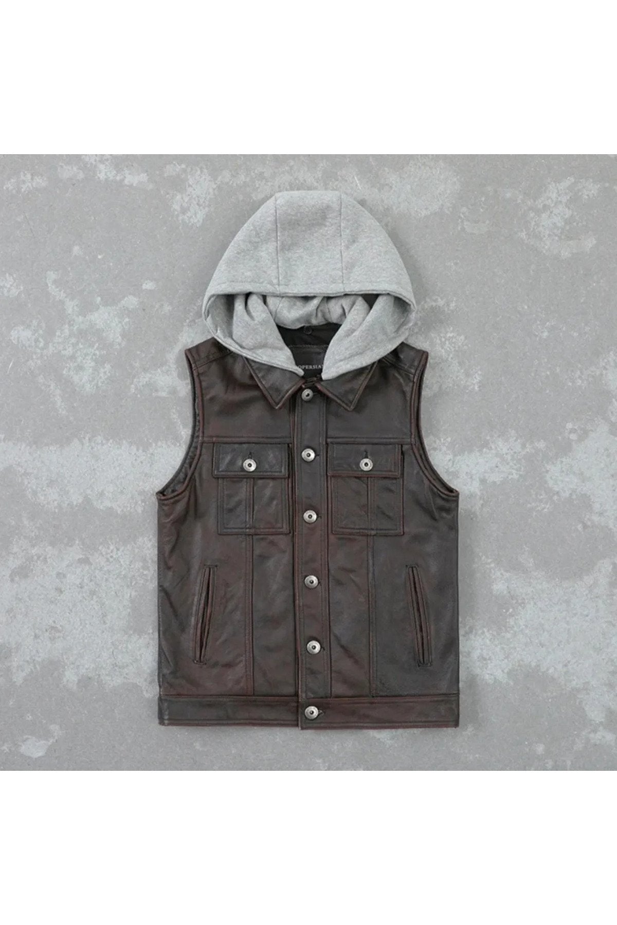 Kapüşonlu hakiki deri yelek