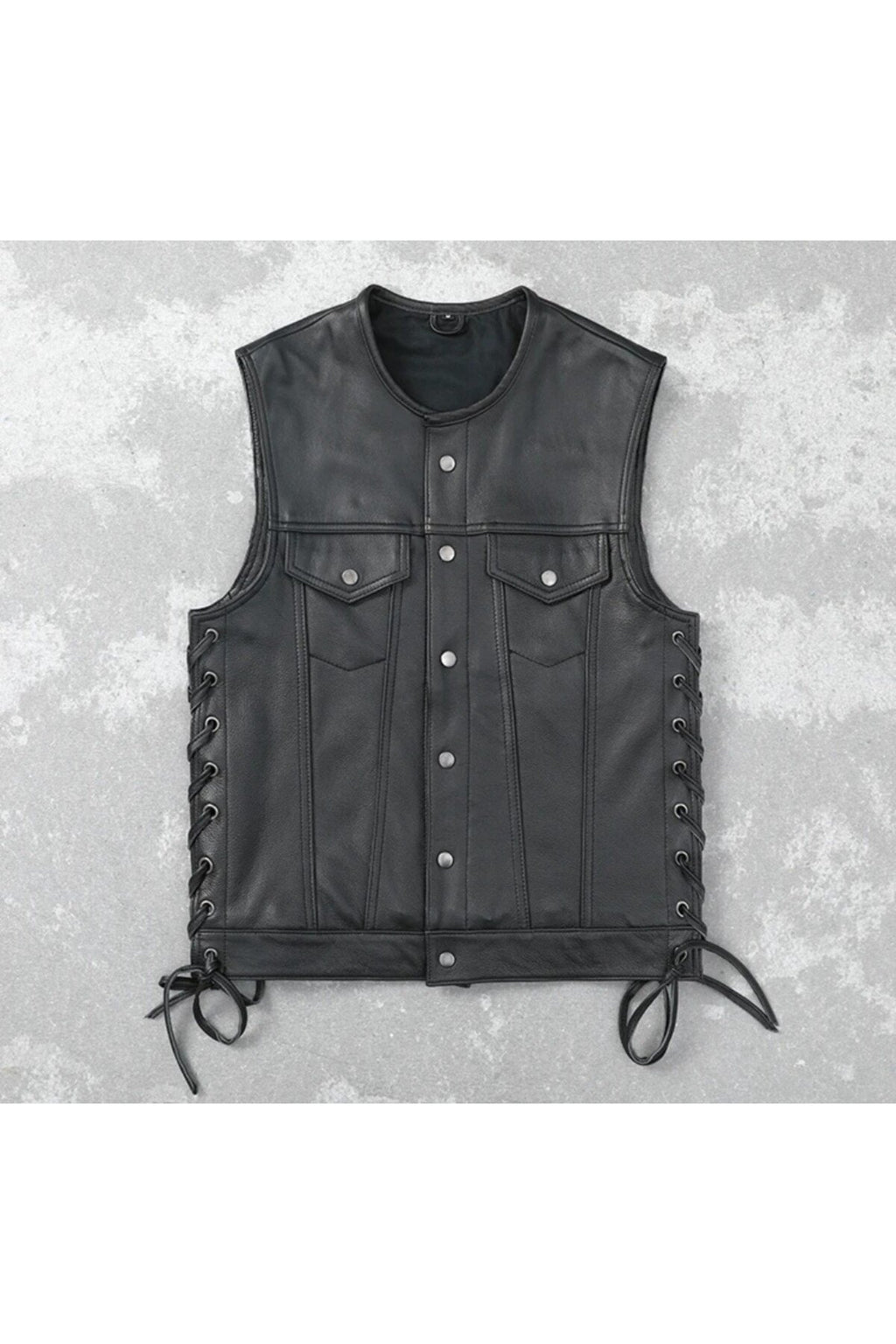 Yanları deri ip bağlamalı biker yelek hakiki deri