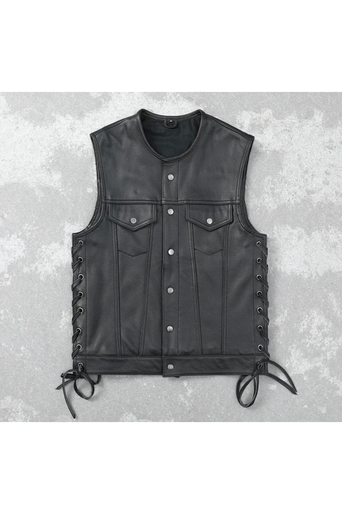 Yanları deri ip bağlamalı biker yelek hakiki deri