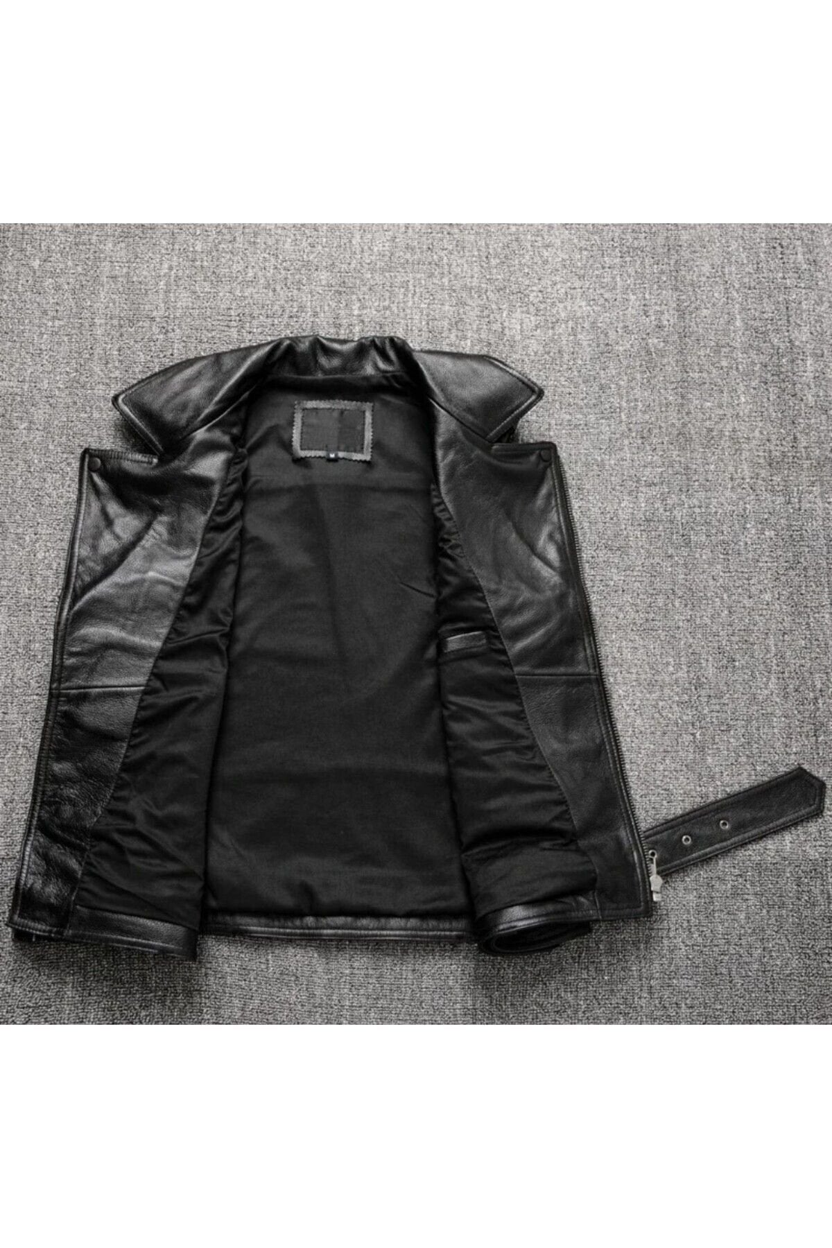Kuzu derisi motorcu tarzı biker yelek siyah renk