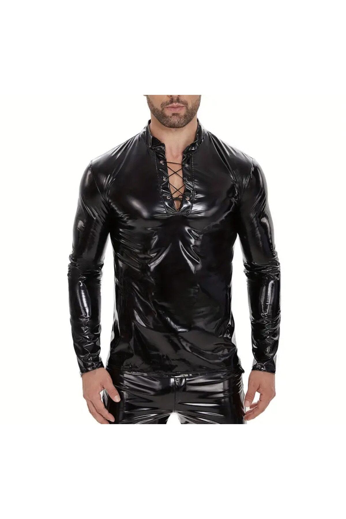 Parlak Rugan Deri Yakası İp Bağlamalı Tişört