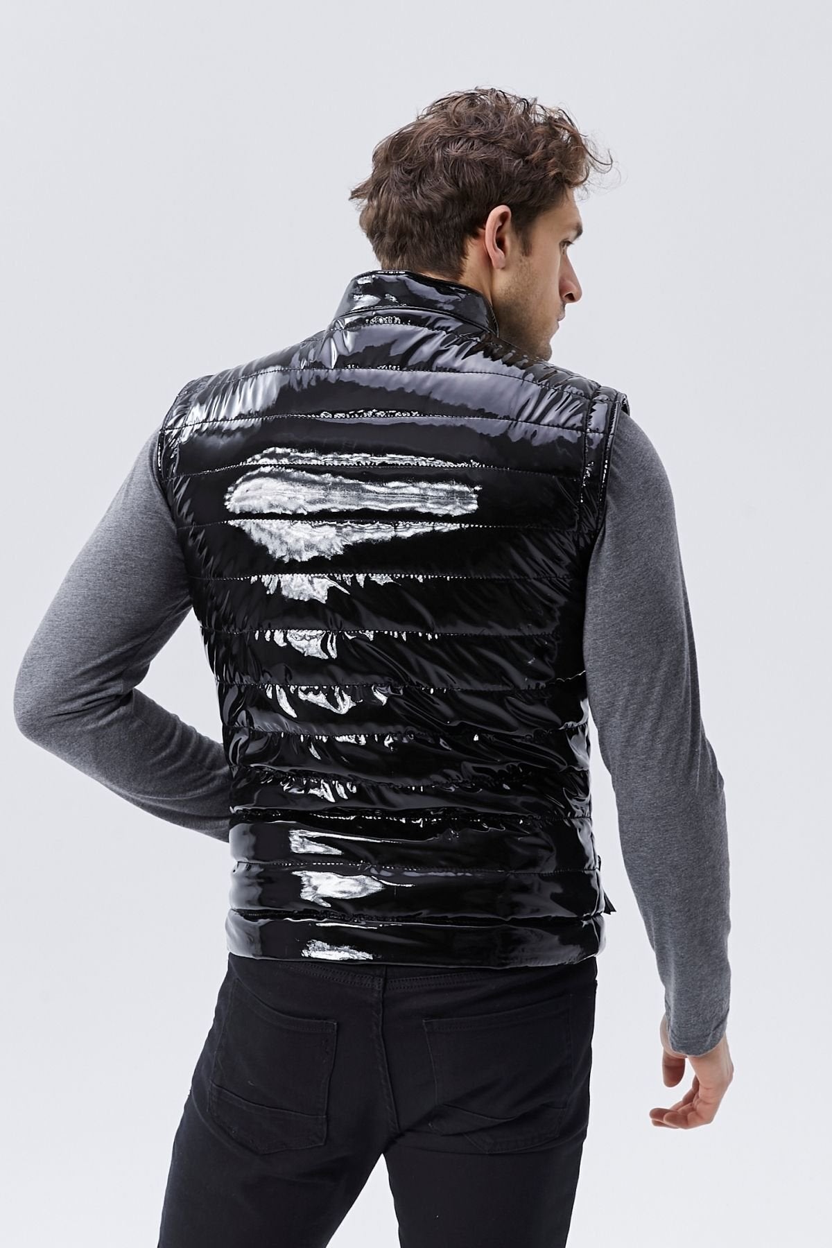 Rugan Deri Yelek Siyah Parlak Renk Erkek