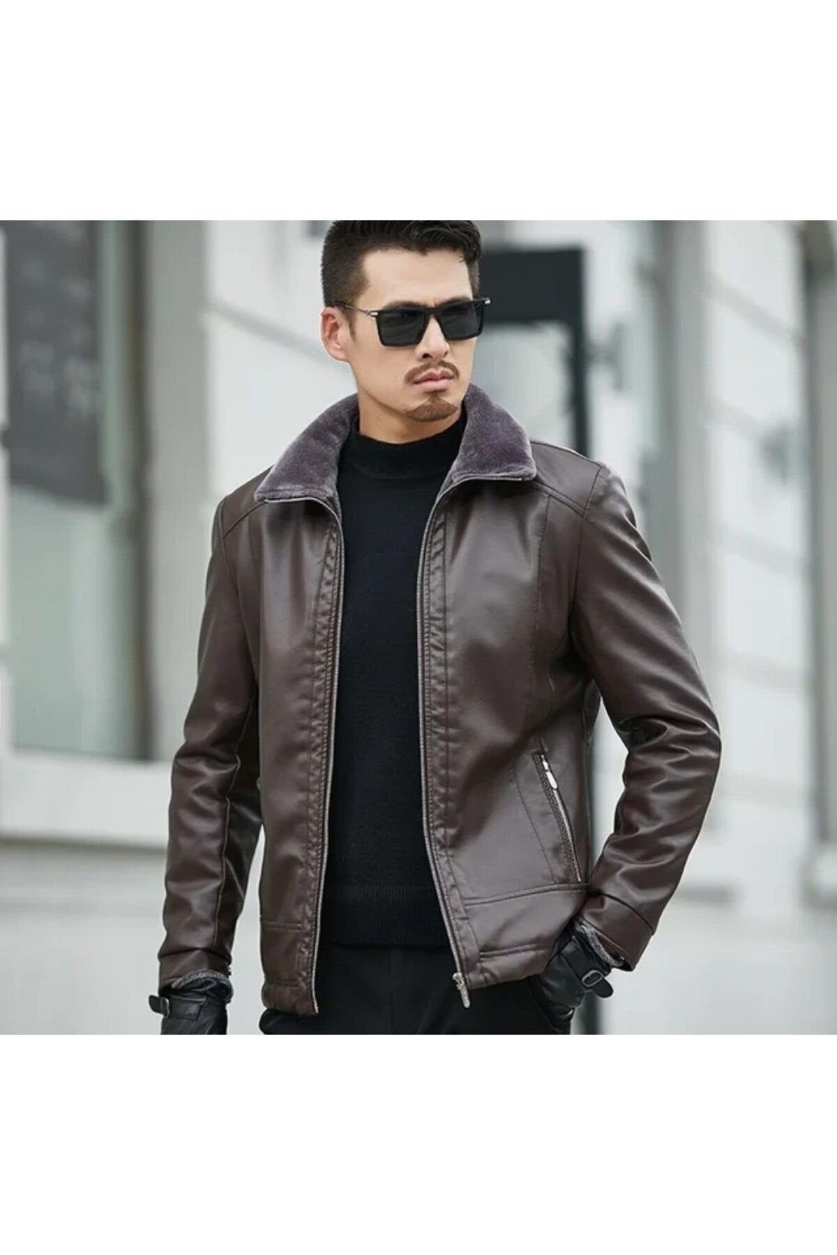 Hakiki Koyun Derisi Içi Yakası Kürk Erkek Mont kahverengi