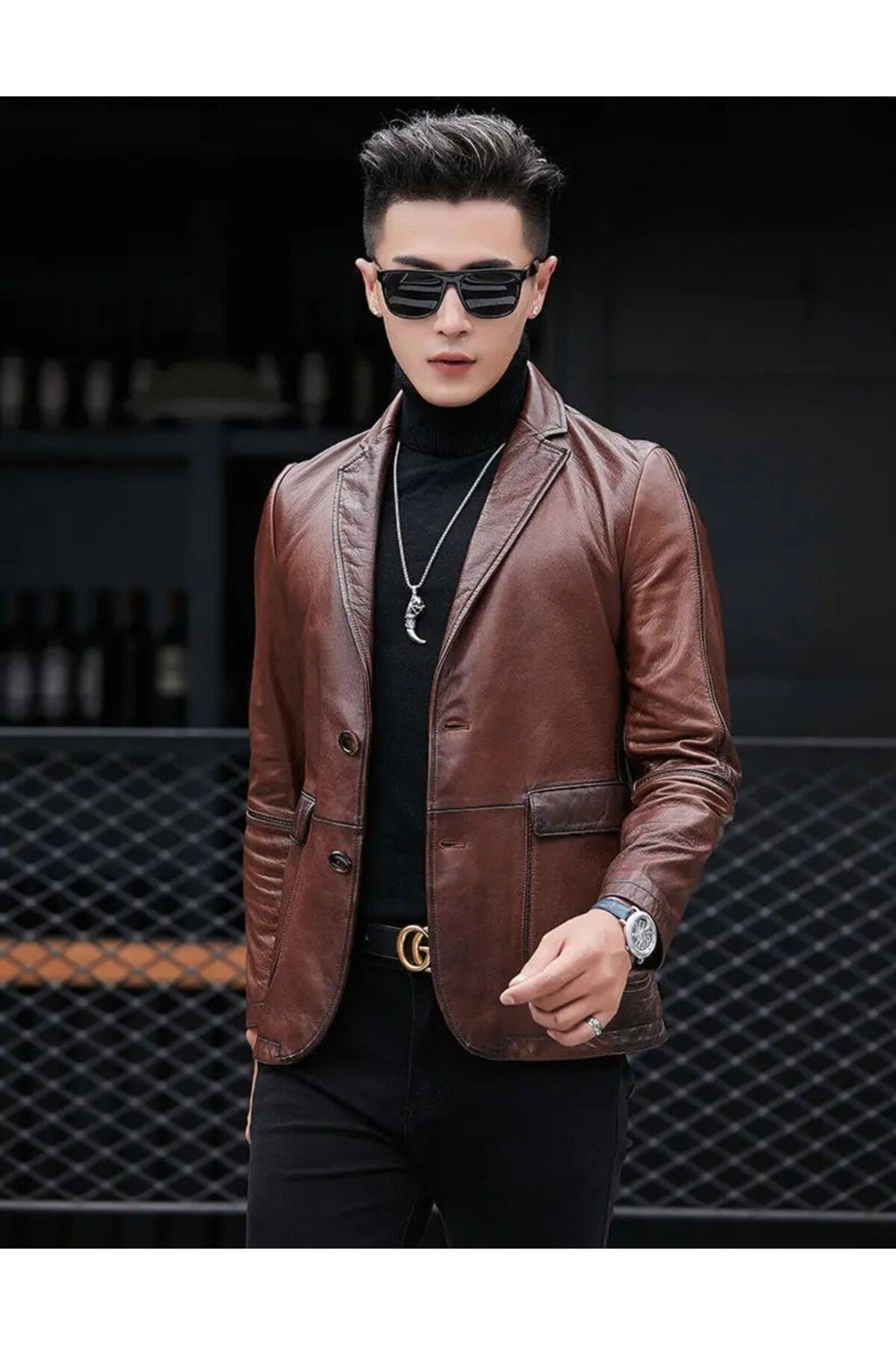 Deri ceket kapaklı torba cepli karartmalı kahve renk