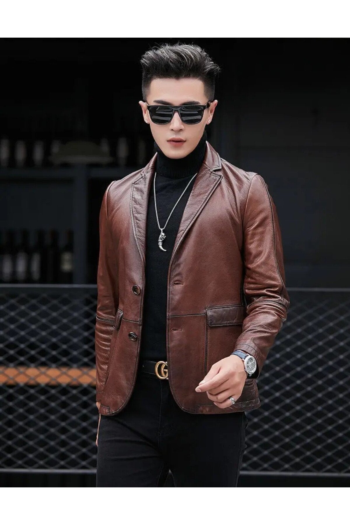 Deri ceket kapaklı torba cepli karartmalı kahve renk