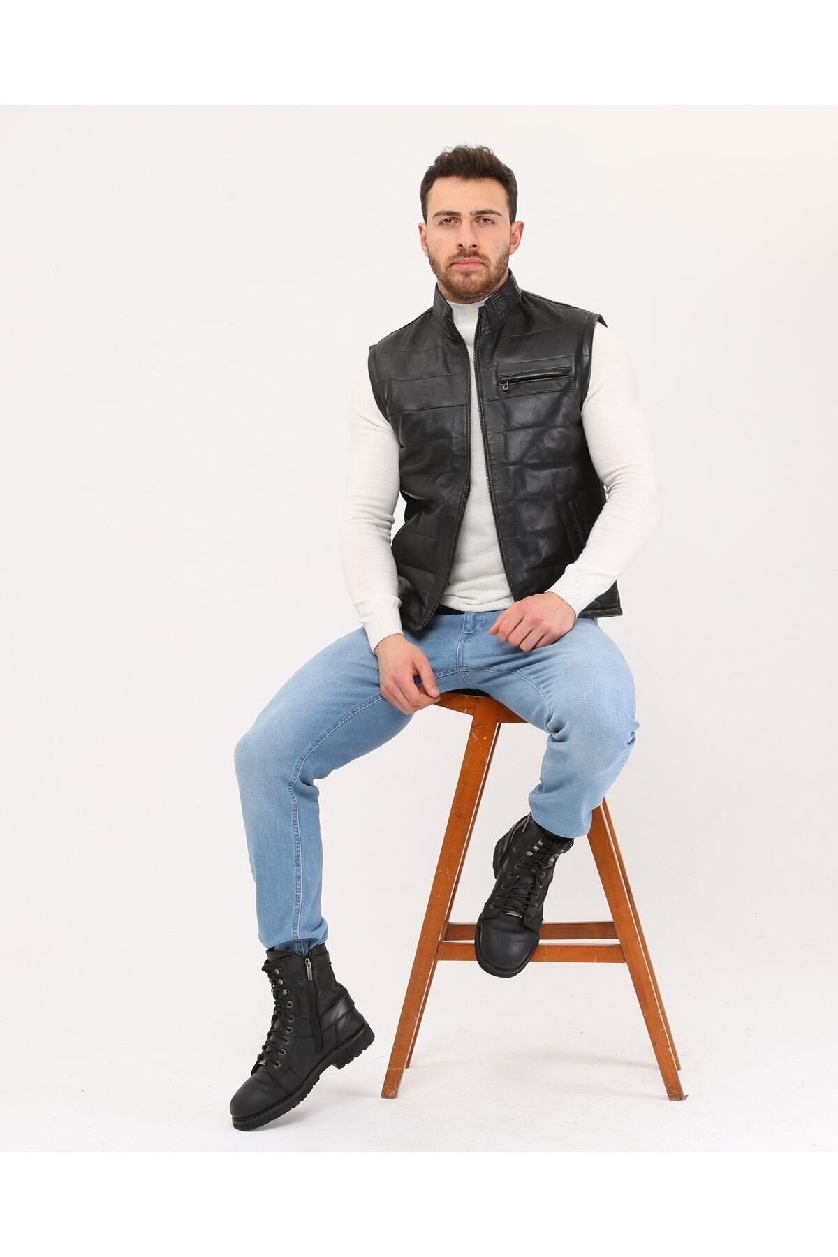 Hakiki Deri Şişme Yelek Hakim Yaka Siyah Renk