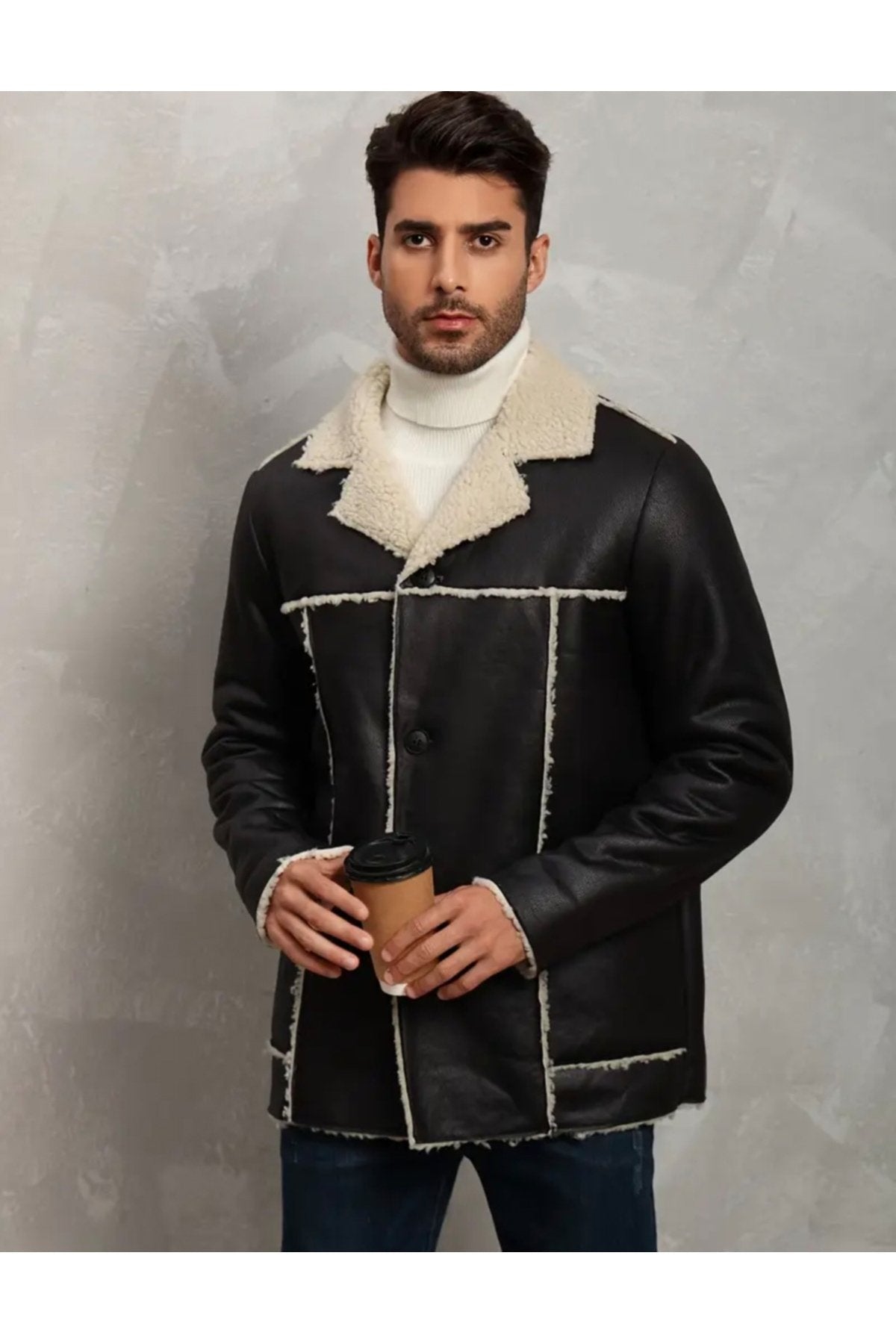 Dış Dikiş Yerleri ve İçi Kürklü Hakiki Deri Uzun Kaban Kışlık Erkek