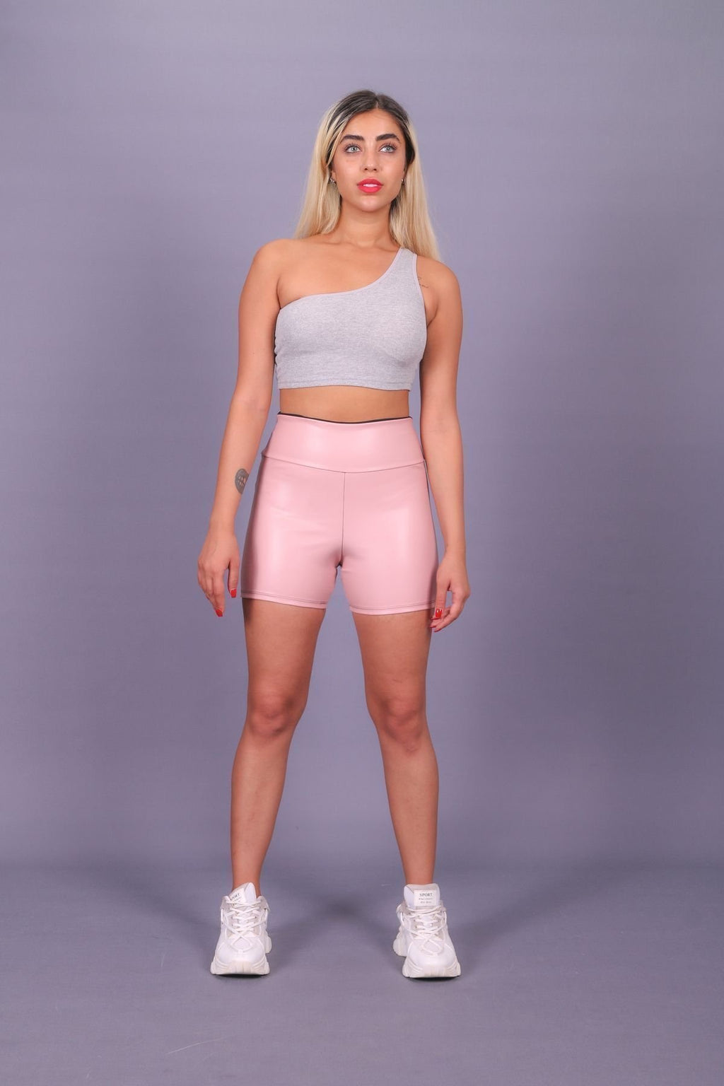 Deri spor şort yüksel bel