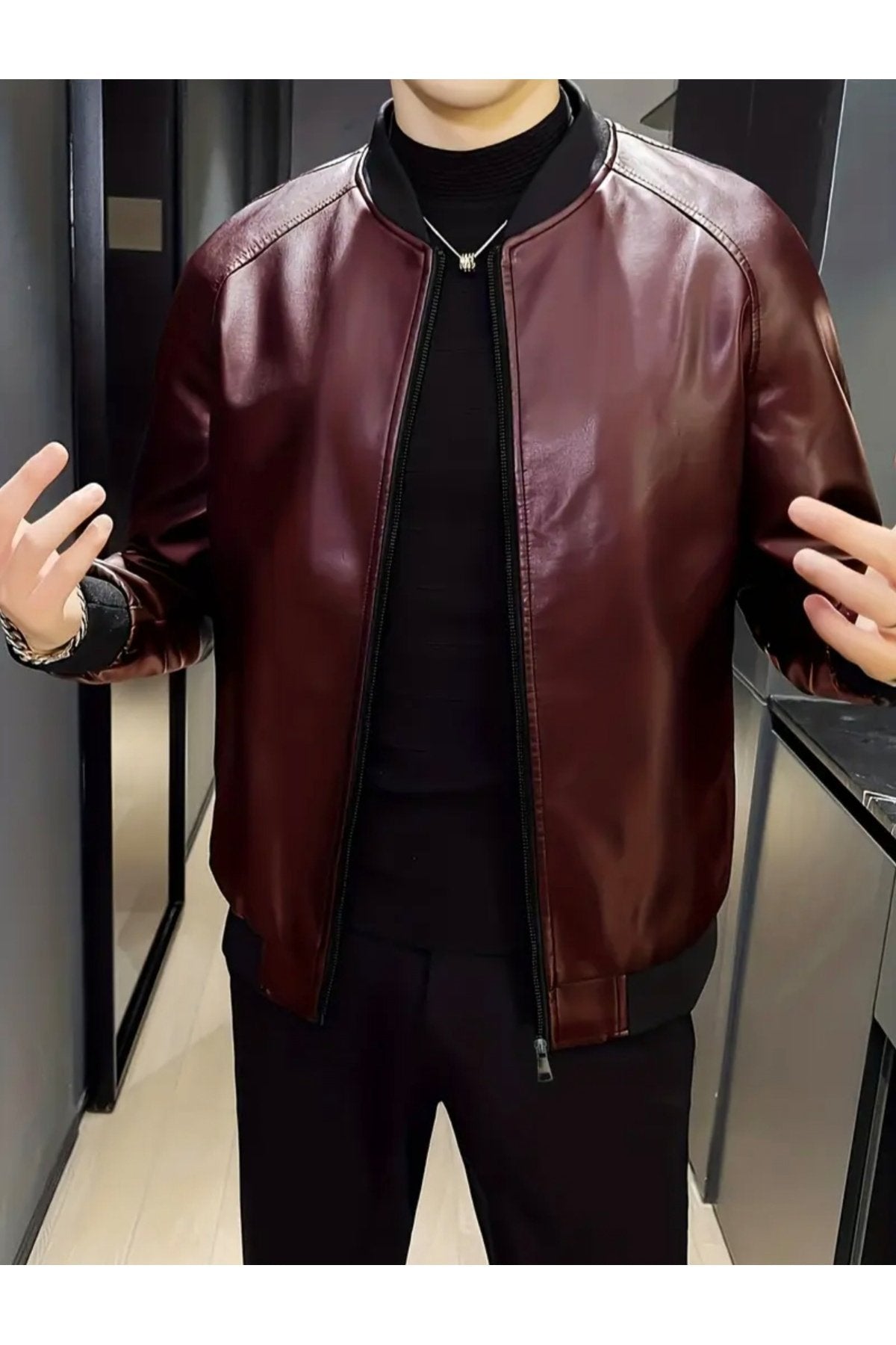 Hakiki Kuzu Derisi Trikolu Spor Ceket Bisiklet Yaka