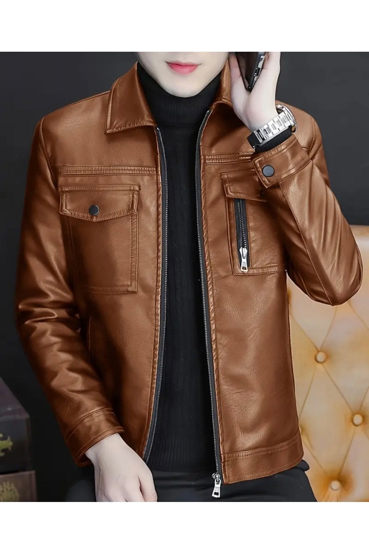Gömlek Yaka ,Tam Fermuar Kapamalı, Cep Detaylı, Hakiki Kuzu Derisi Spor Ceket