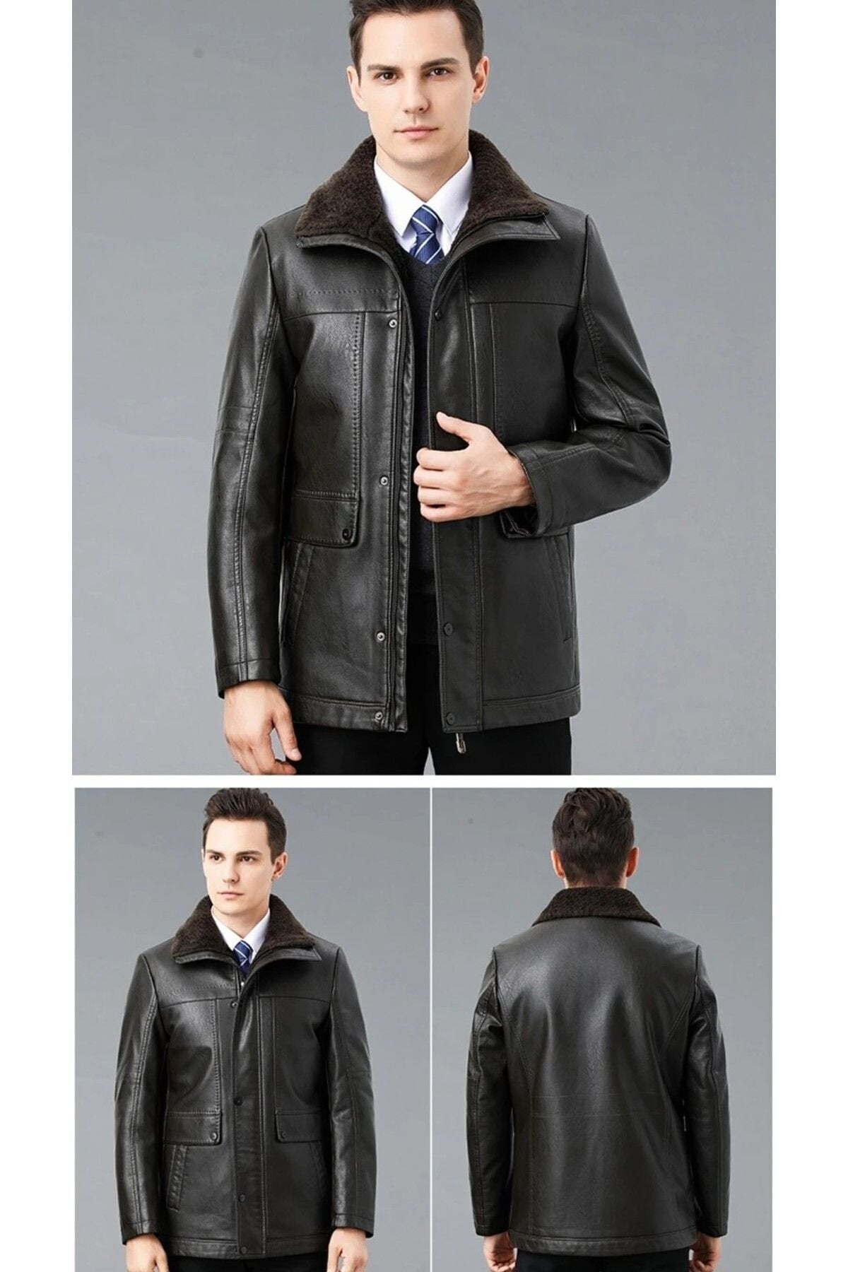 Hakiki deri İçi kürk yakası entegreli kürk mont kaban