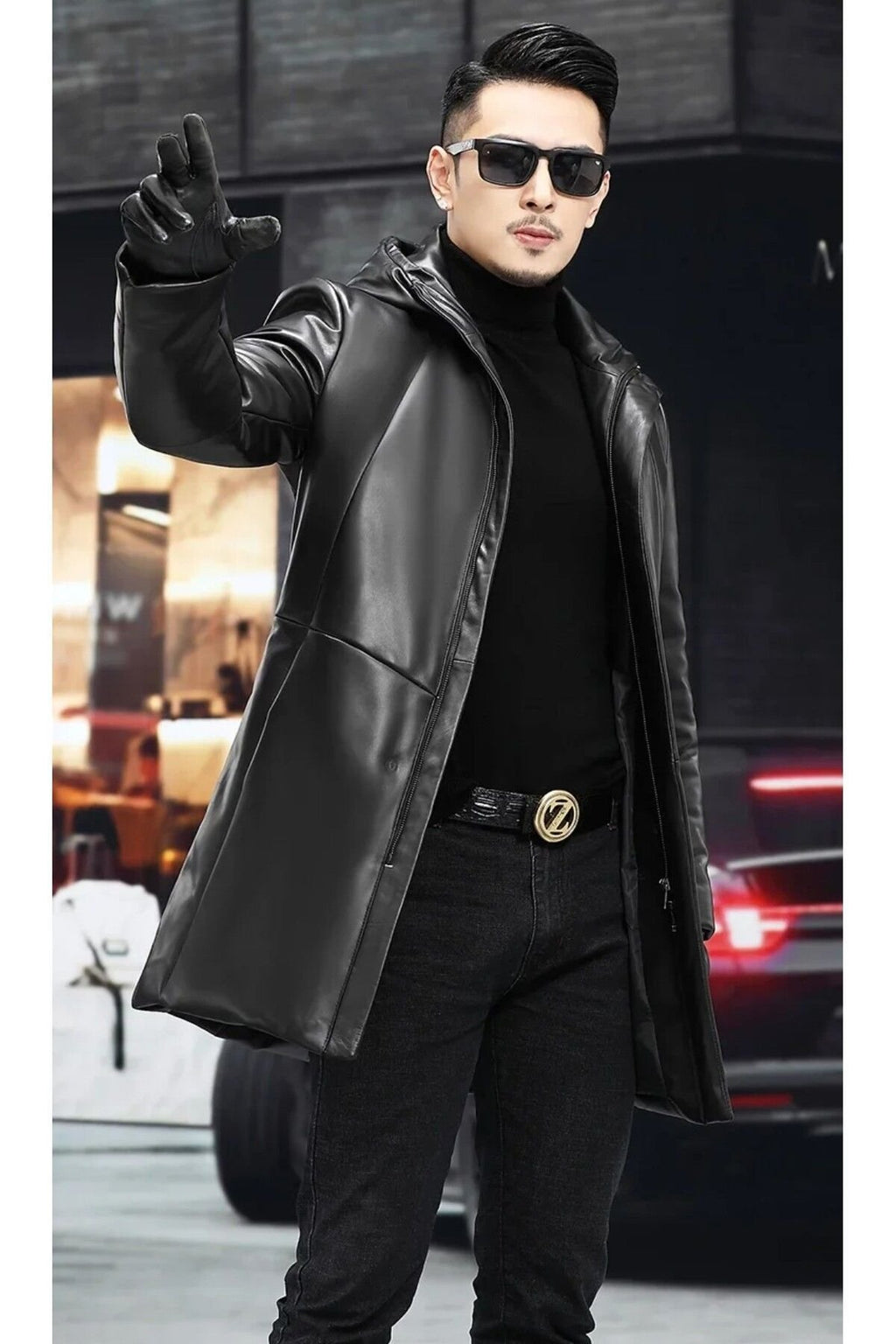 Hakiki Deri Orta Uzunlukta Kapüşonlu Mont Kaban