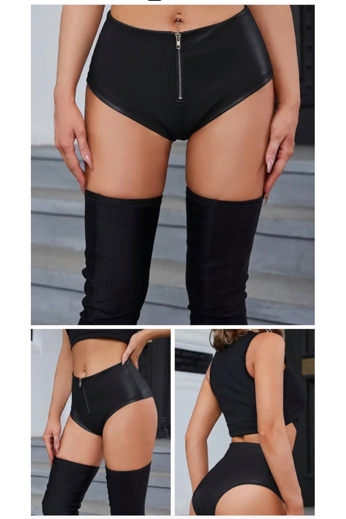 Deri Yarım Pat Fermuarlı Mikro Külot Şort