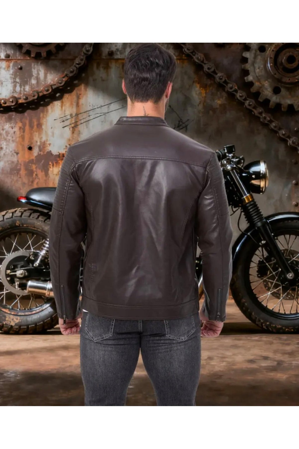 Omuzları ve Kolları Dikiş Detaylı Hakiki Kuzu Derisi Motorcu Mont Kahverengi